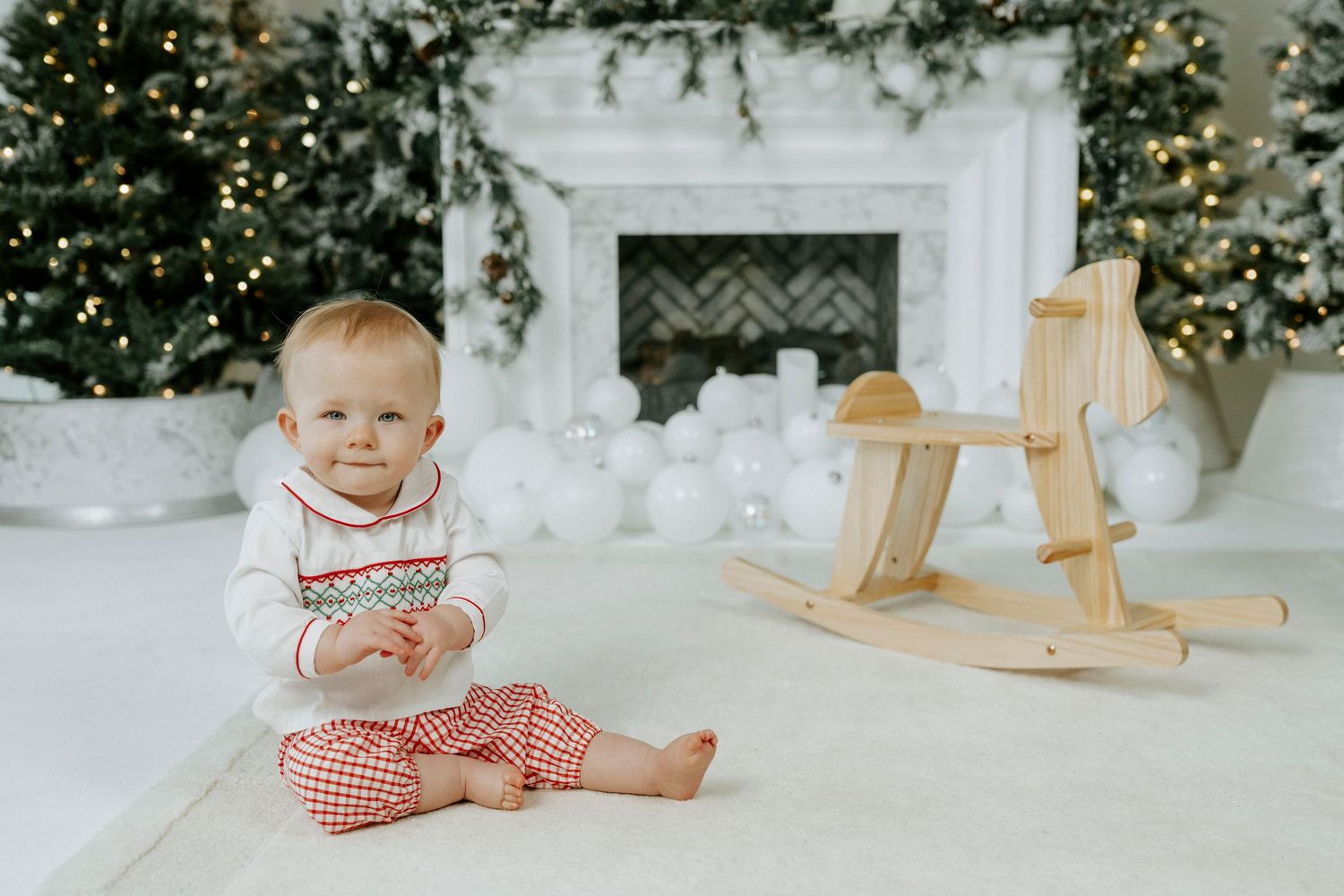 A series of holiday photos with a Christmas tree and decorative winter scene in the background.