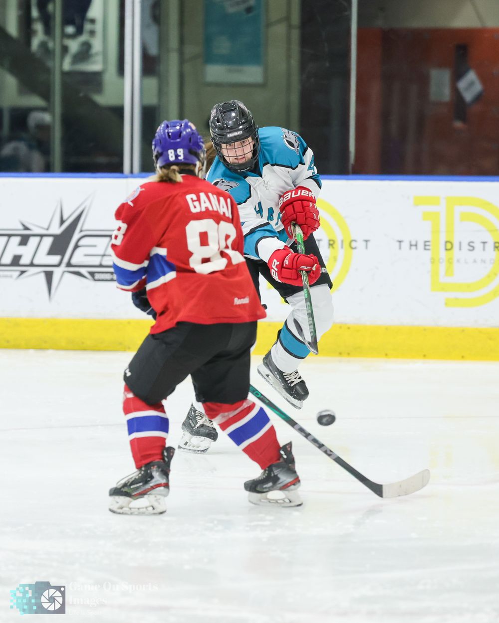 Two ice hockey players in red and blue jerseys battle for control of the puck during a competitive match.