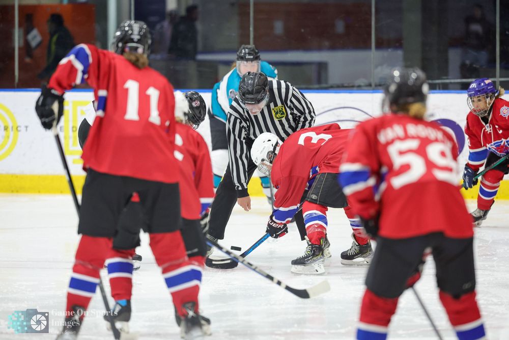 A hockey referee drops the puck between two players at center ice during a face-off while teammates look on.