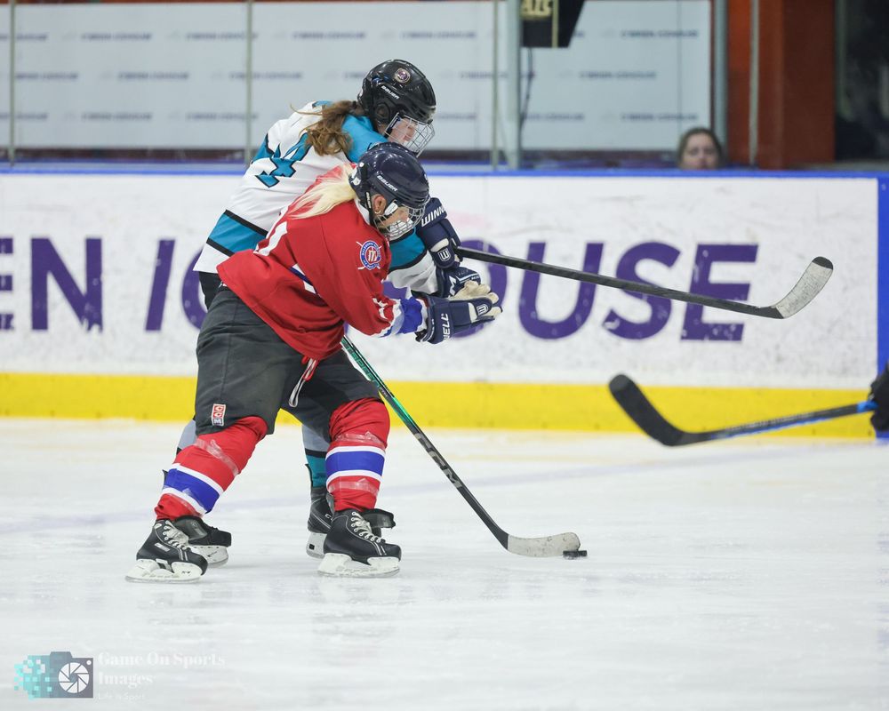 Hockey players in red and blue uniforms skate on ice during a competitive match.