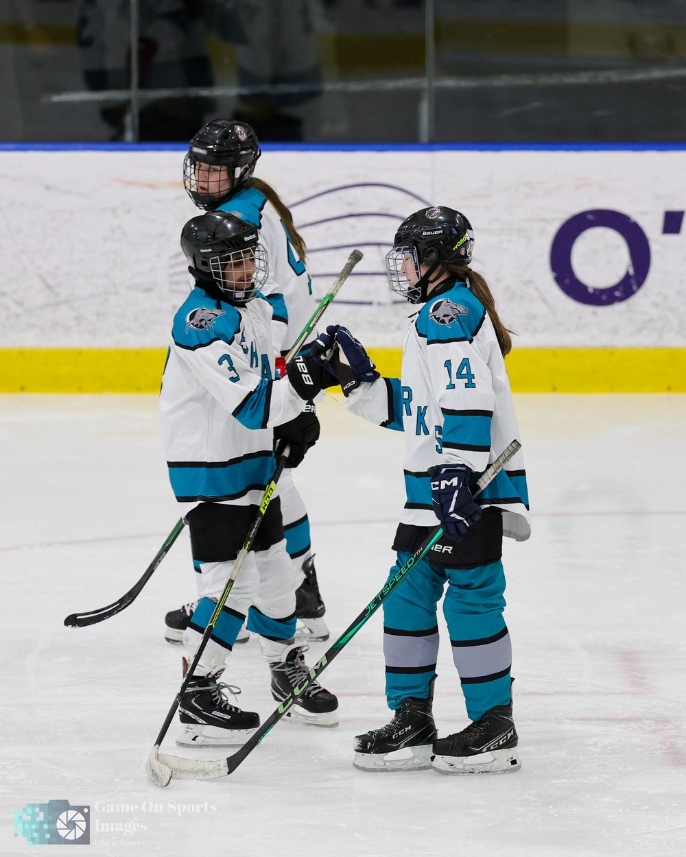Young hockey players in teal jerseys practice skating and stick handling on an ice rink during training.