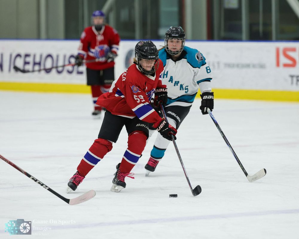 Hockey players in red and blue jerseys compete for the puck during an ice hockey match.