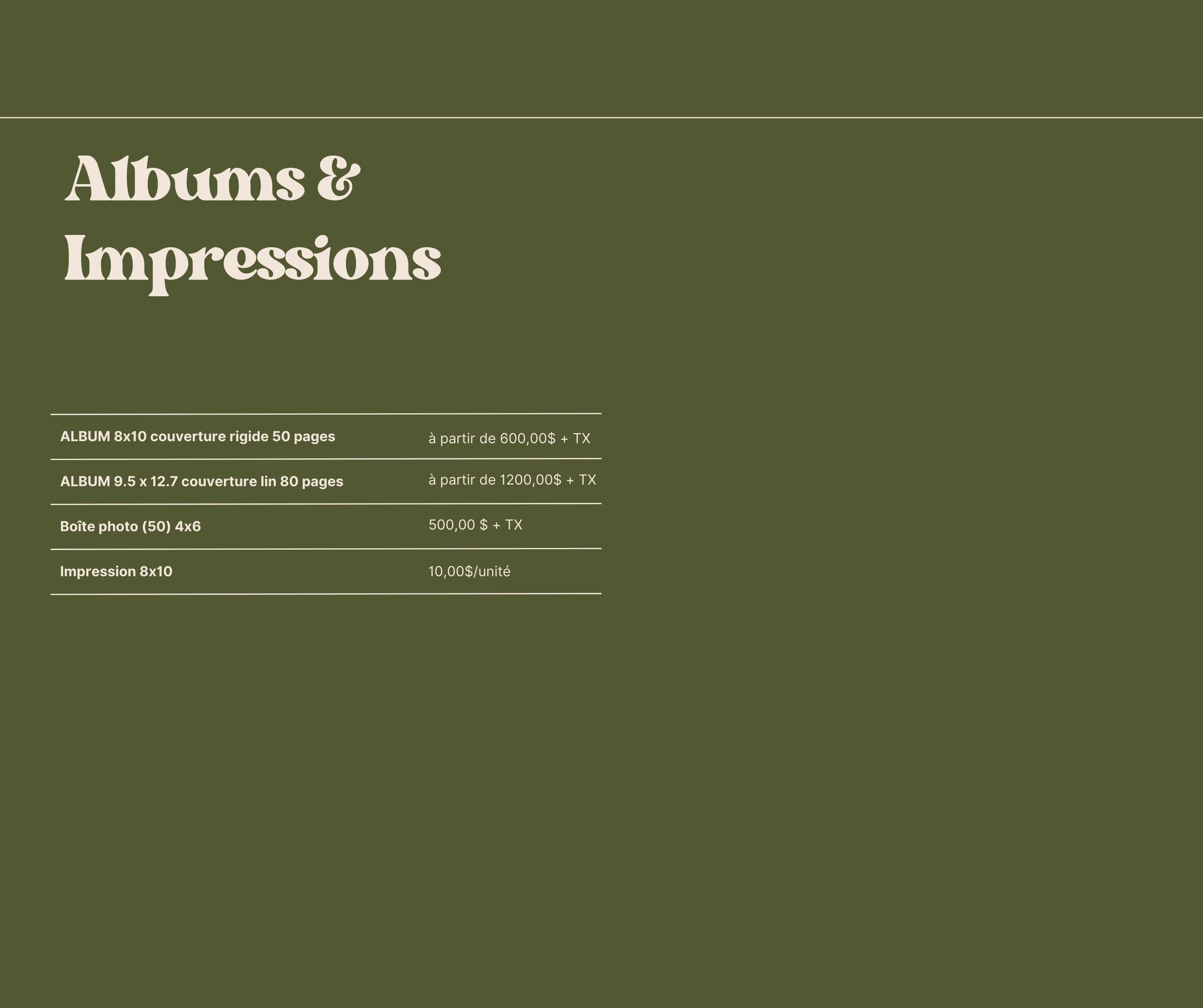 Three olive green sections of text with white lettering showing album and impression details on a dark background.