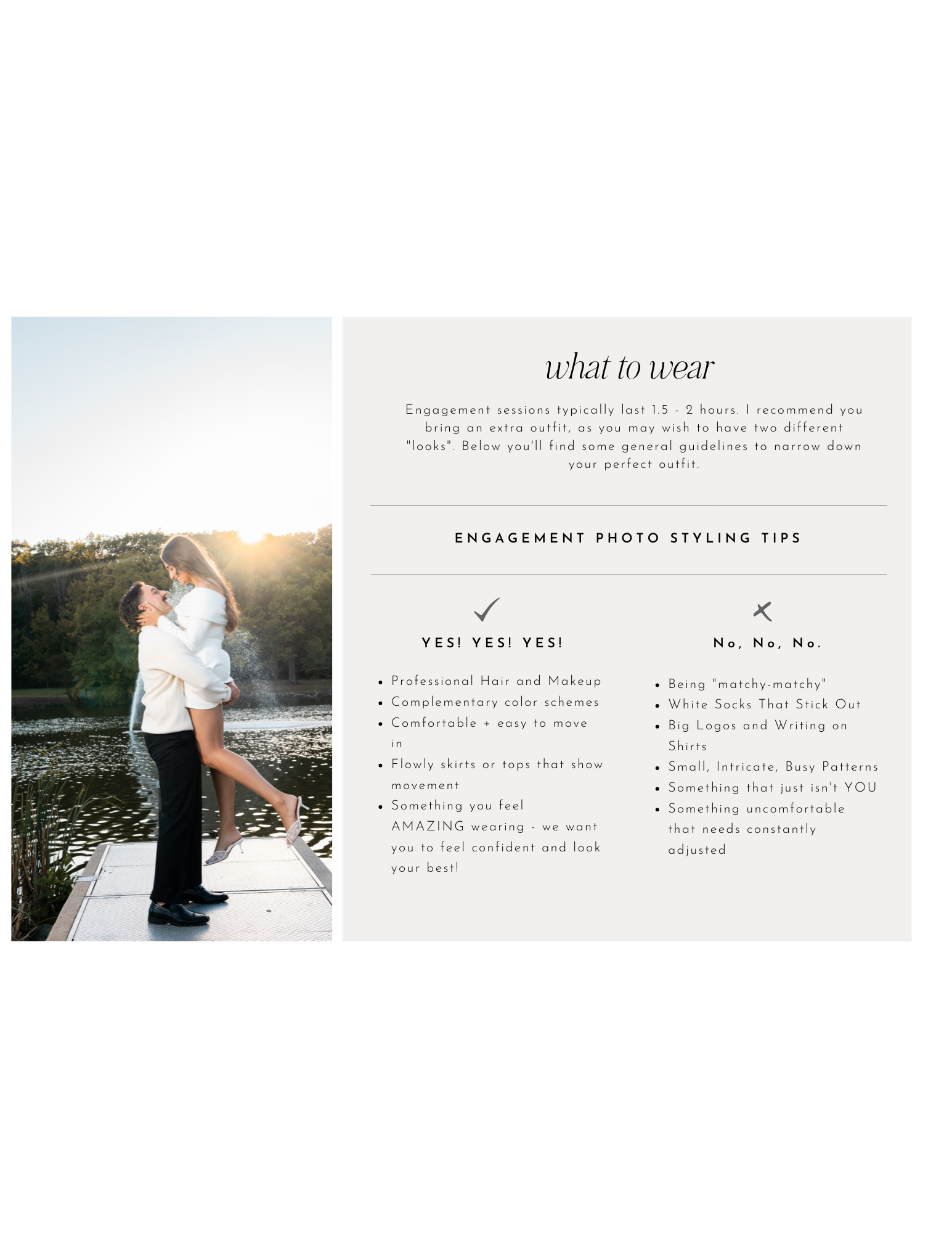 Collage of wedding photography tips and style guide showing engagement photo examples and what to wear suggestions.