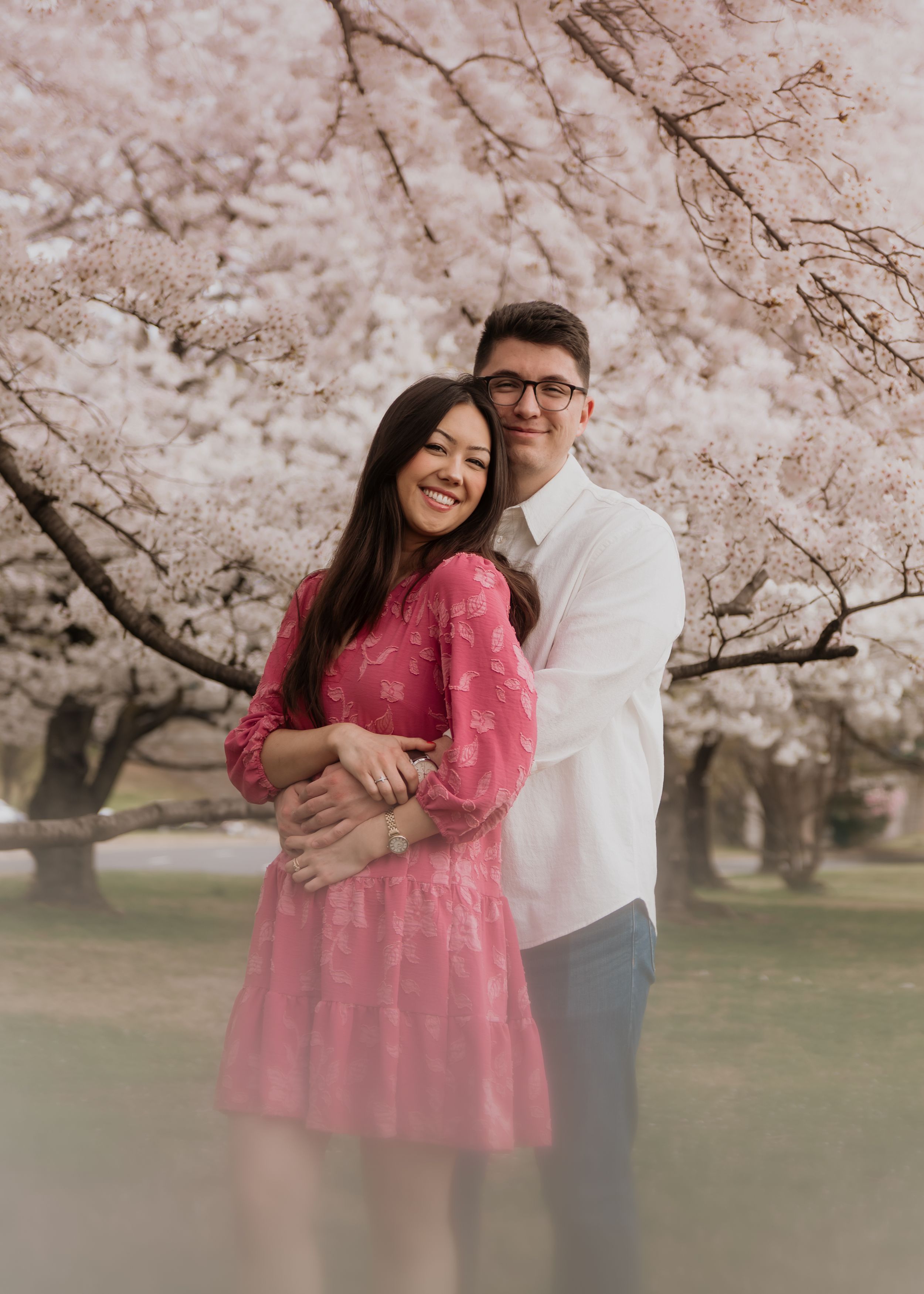 A couple embraces under blooming cherry blossom trees in a romantic springtime portrait setting.