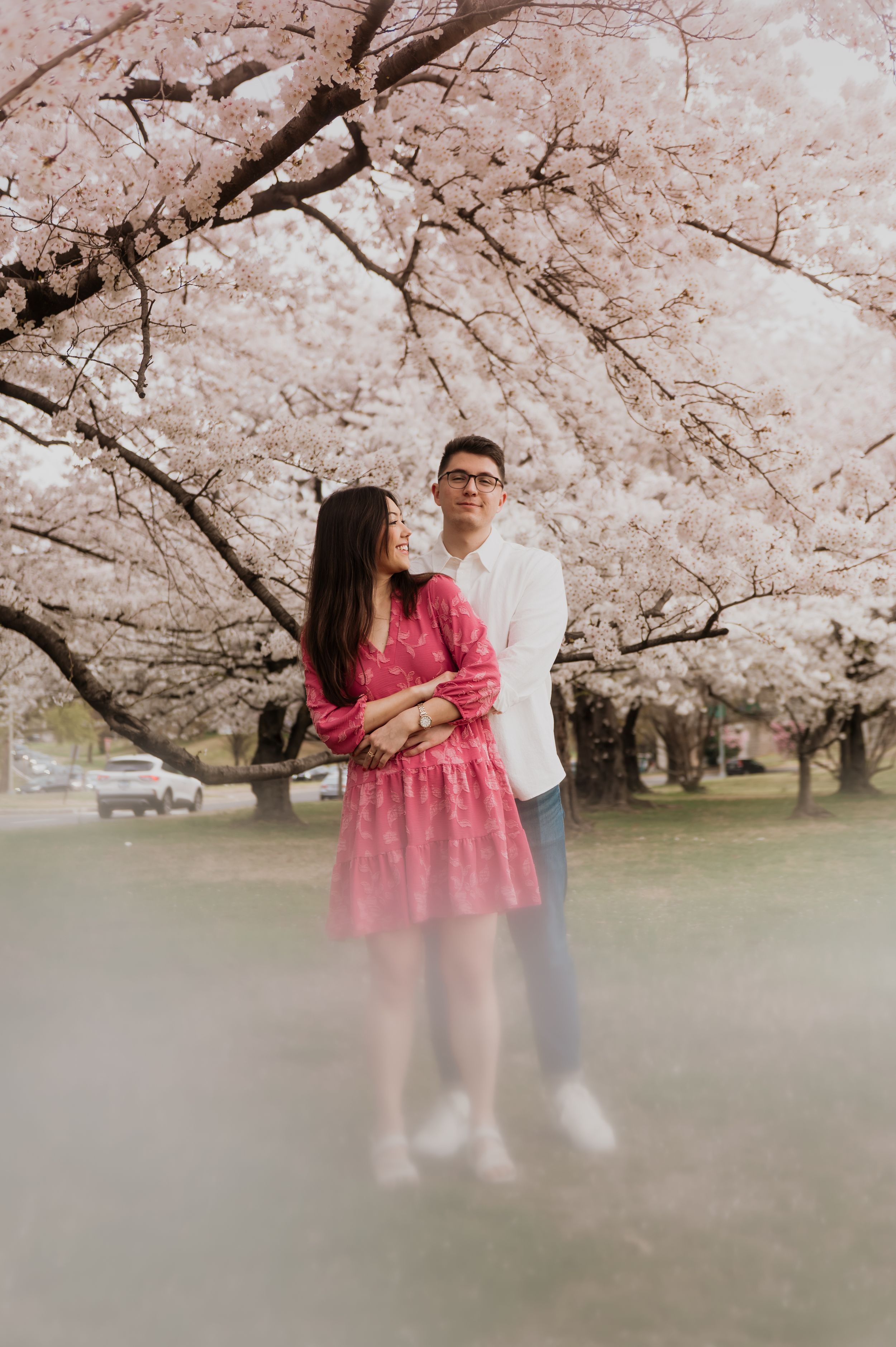 A couple stands beneath blooming cherry blossom trees as soft fog rolls in at their feet.