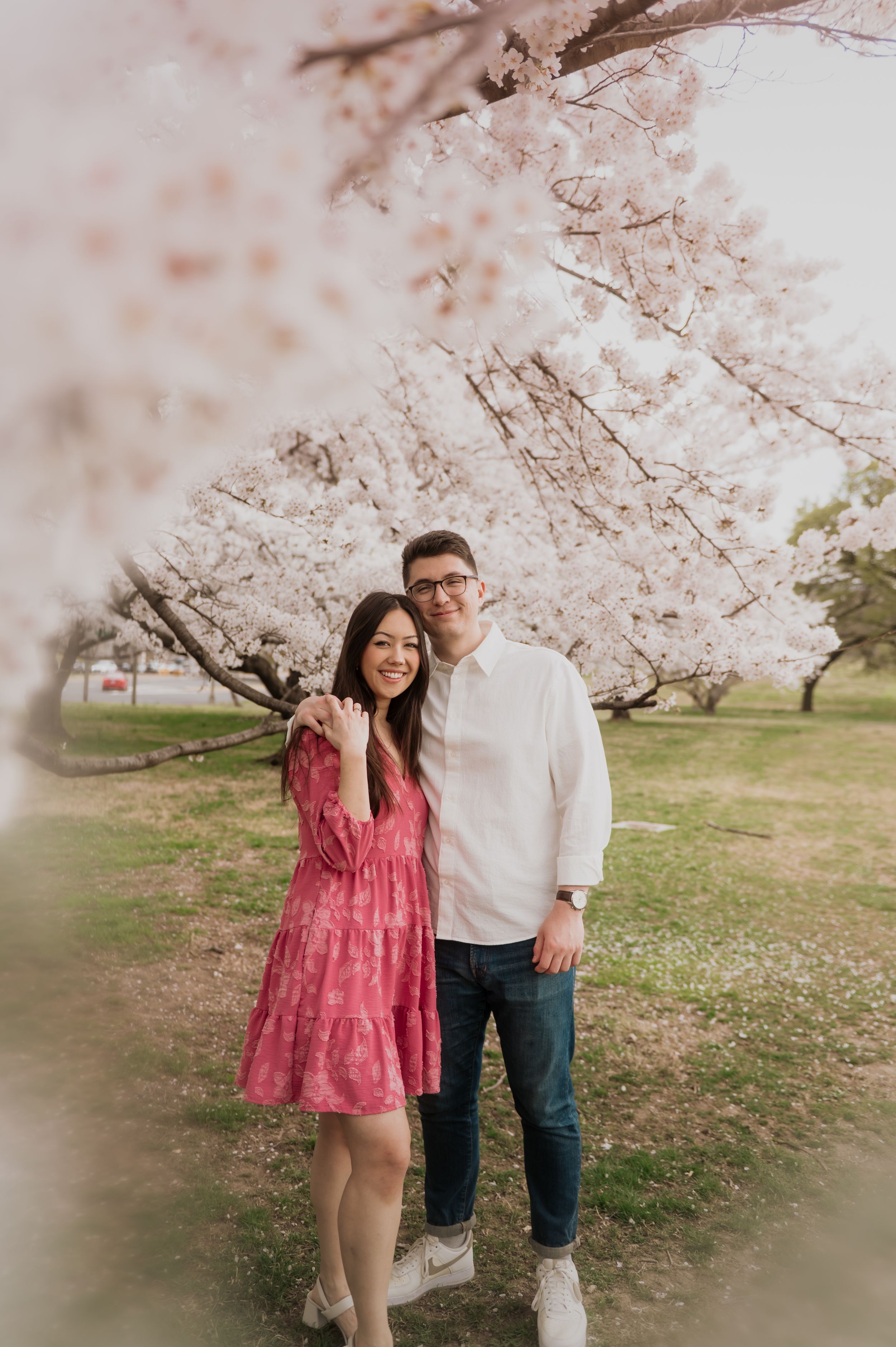 A couple poses together beneath blooming cherry blossom trees in a springtime park setting.