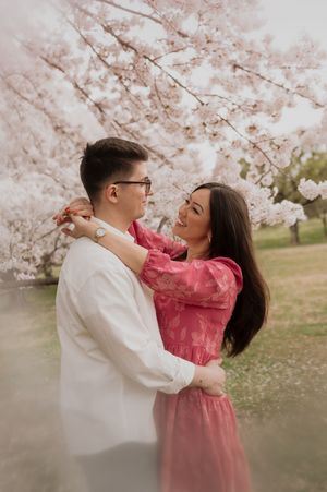 A romantic couple embraces under beautiful cherry blossoms with her wearing a pink dress and him in white.