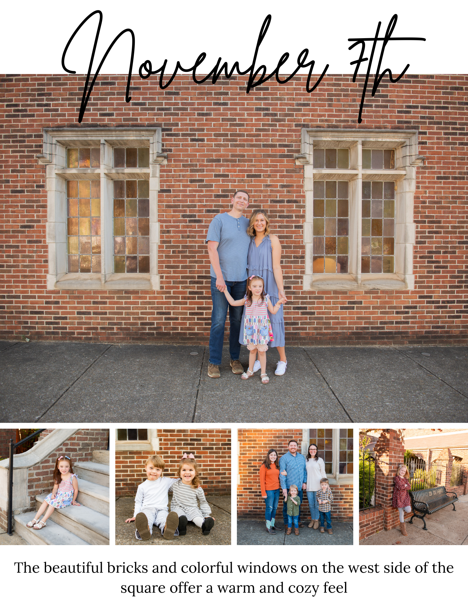 Classic brick building exterior with architectural windows serves as photo backdrop.