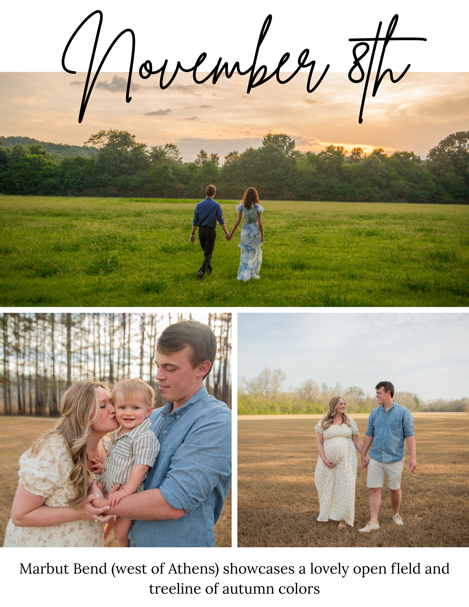 Sunset engagement photos in an open field with warm golden lighting.