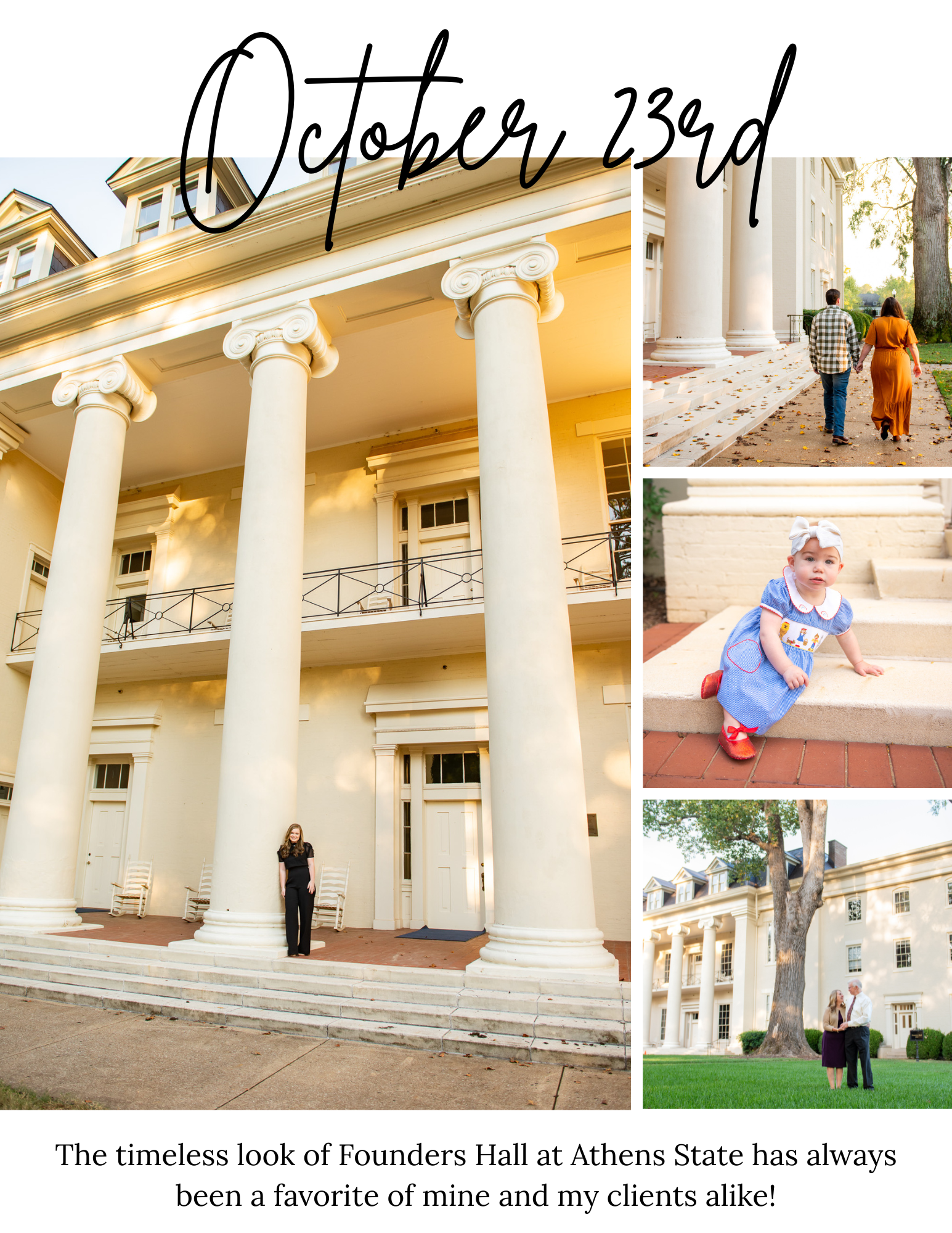 Majestic white columns of Founders Hall create dramatic architectural backdrop.