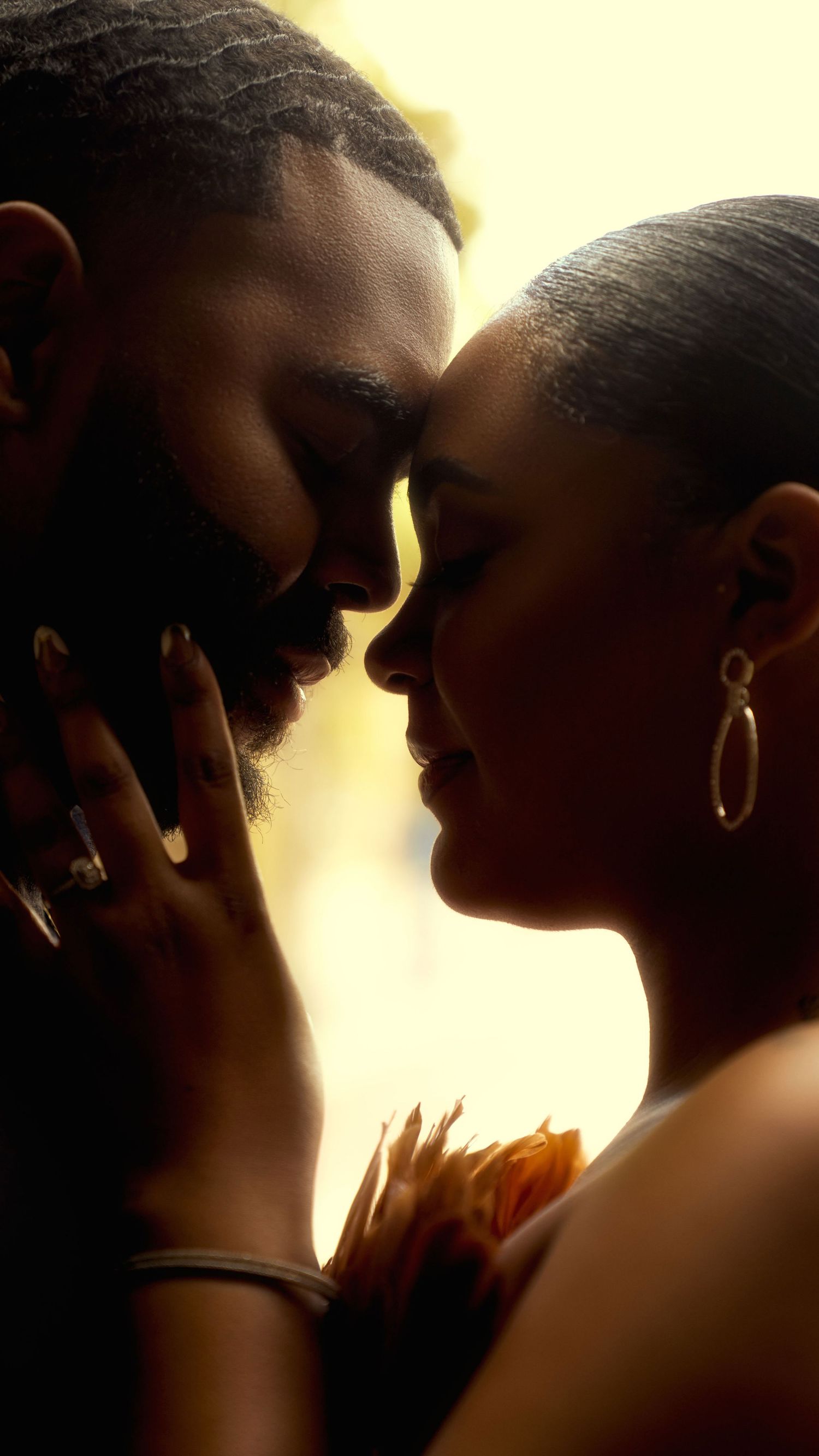 Intimate silhouette portrait of couple in warm backlight showing tender moment.