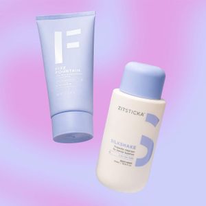 Two skincare products in purple and white packaging on a gradient purple background.