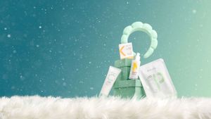 Whimsical winter illustration of a figure in green holding gift bags in snowy setting.