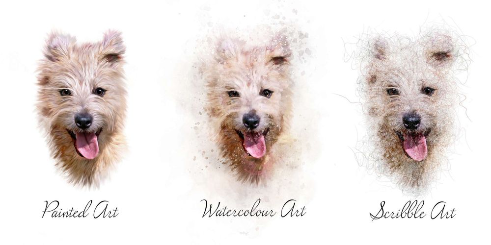Artistic triptych showing three styles of dog portrait illustrations.