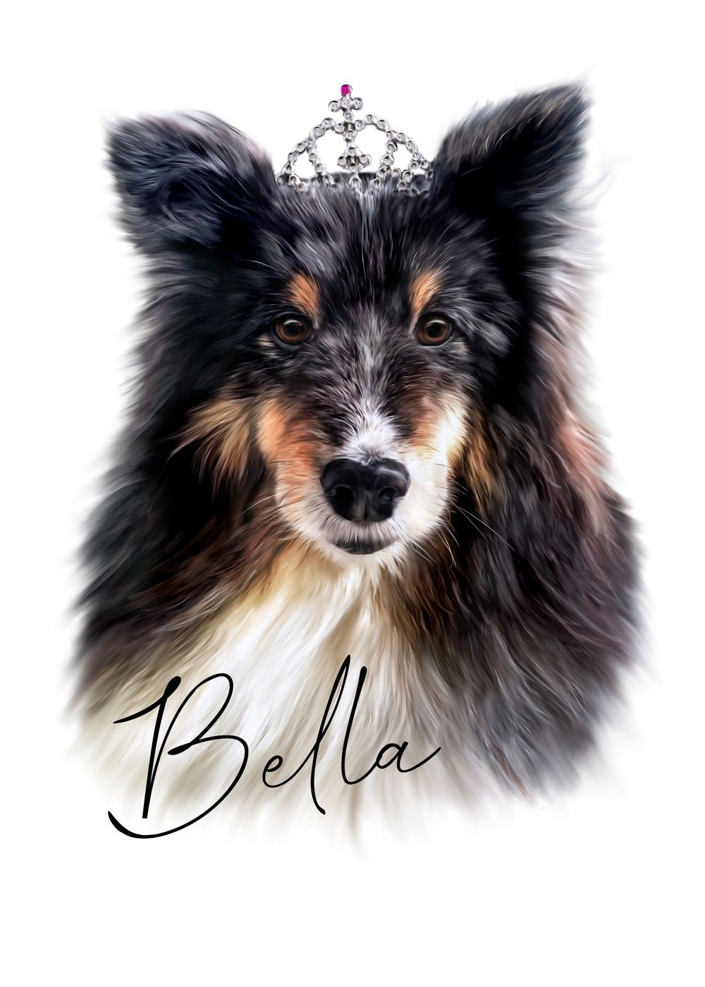 Portrait of a Shetland Sheepdog wearing a tiara with stylized text.