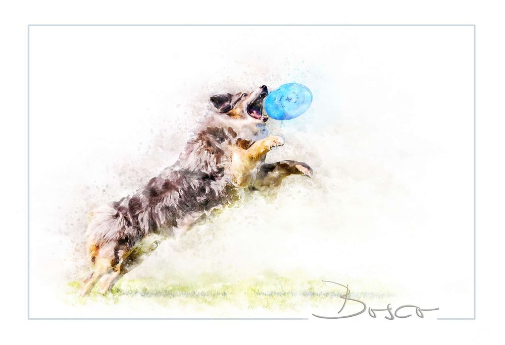 Watercolor illustration of a dog jumping to catch a blue ball in mid-air.