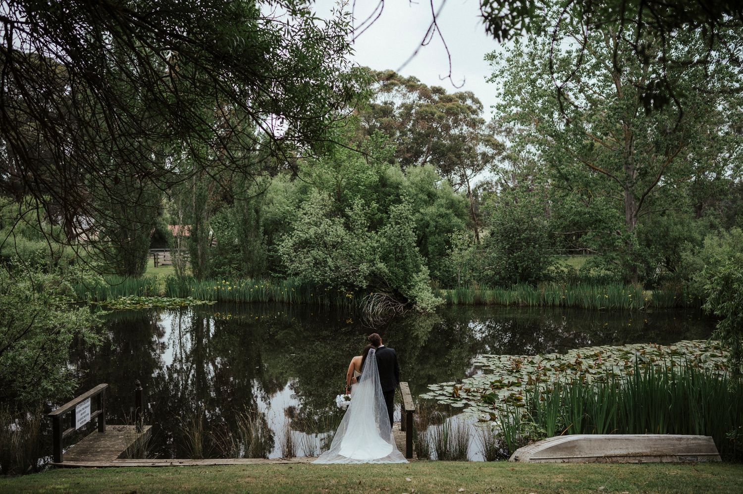 Scenic outdoor wedding venue surrounded by lush green trees and natural landscaping.