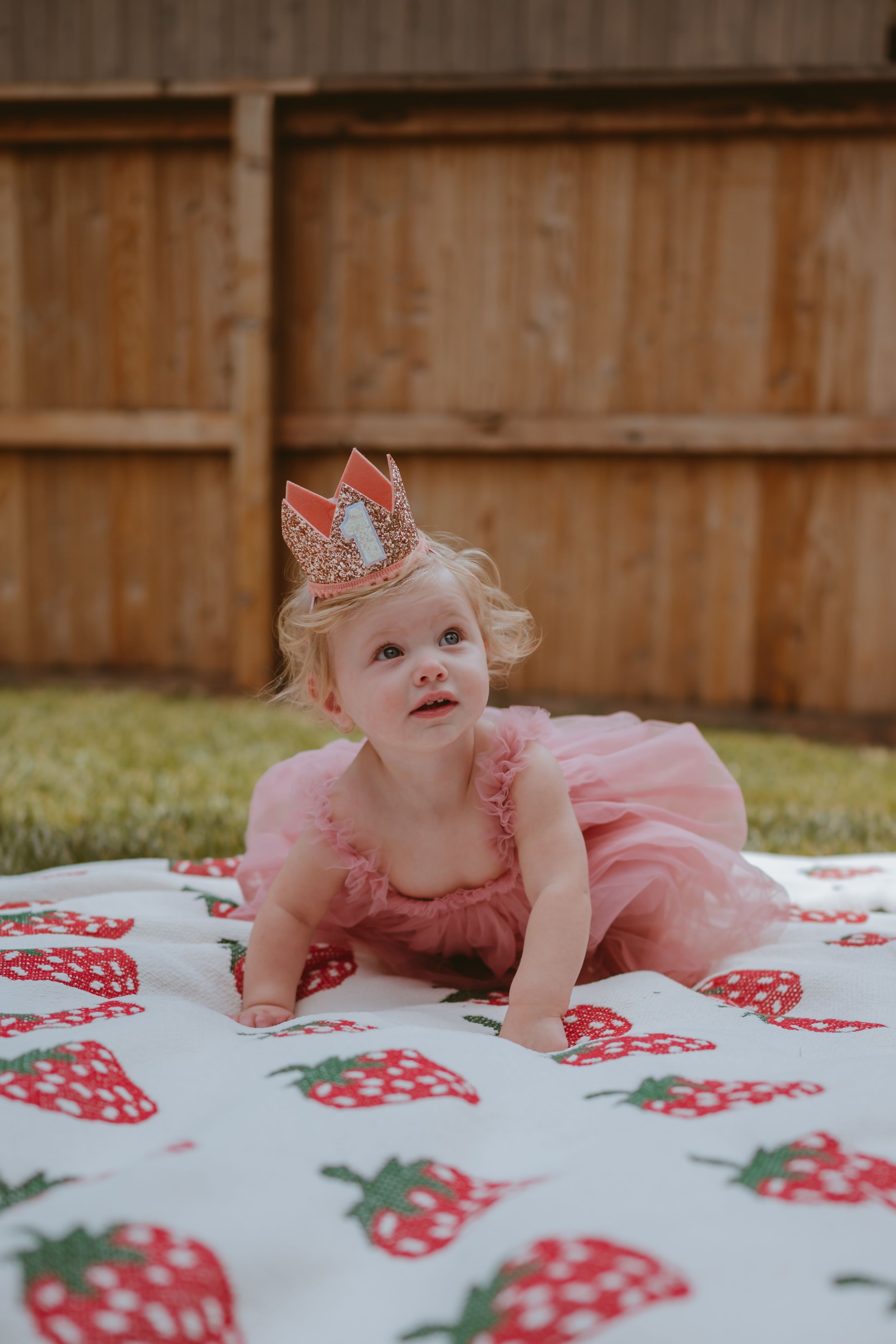 Sweet toddler in pink tulle dress and sparkly crown crawls on strawberry print blanket in backyard garden.