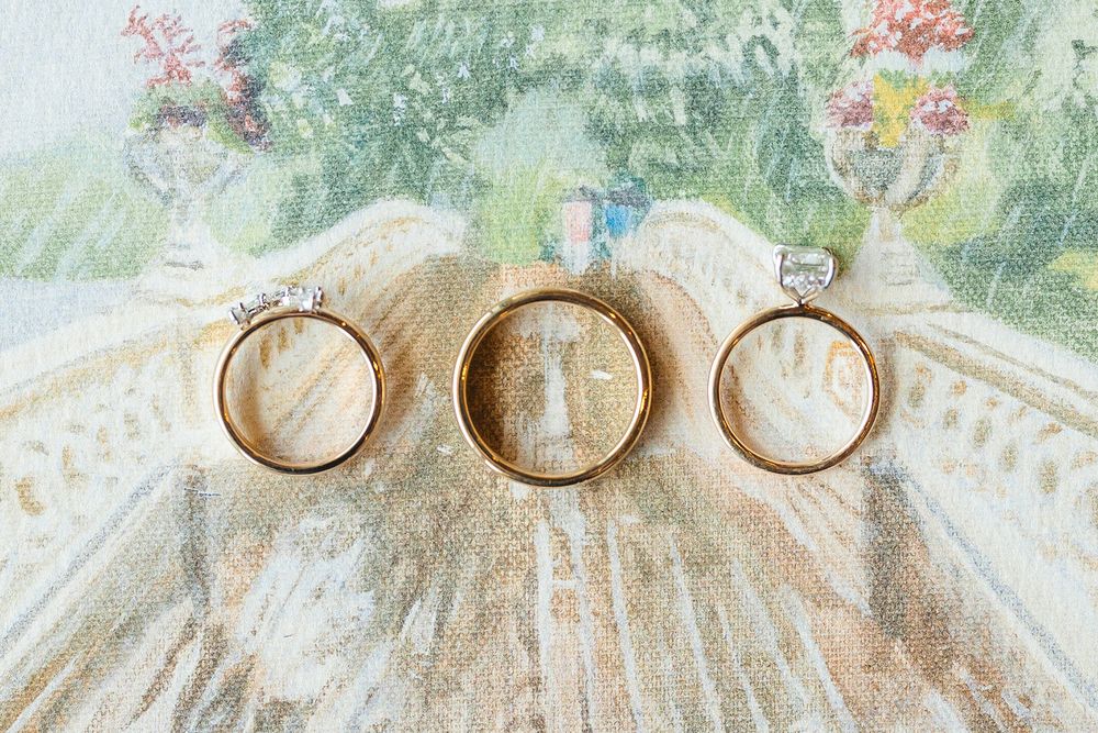 Three wedding rings arranged on a rustic wooden surface with blurred floral garden background.