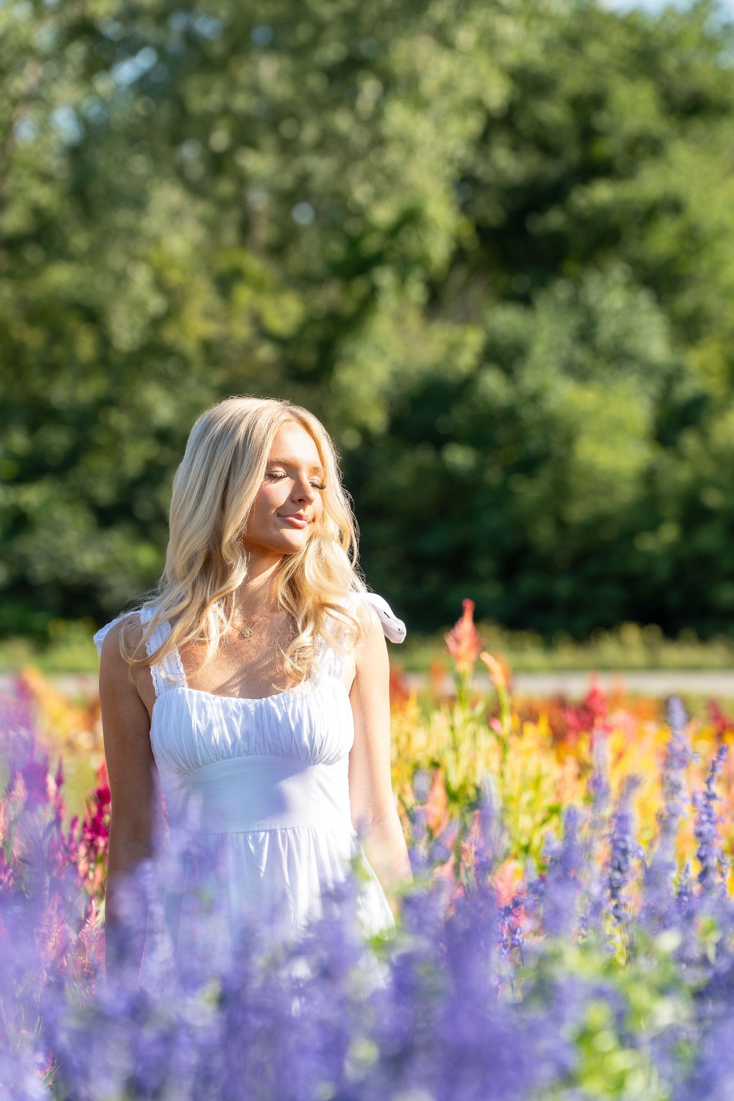 Person in a white dress sits among vibrant purple lupines and colorful wildflowers in a sunny meadow.