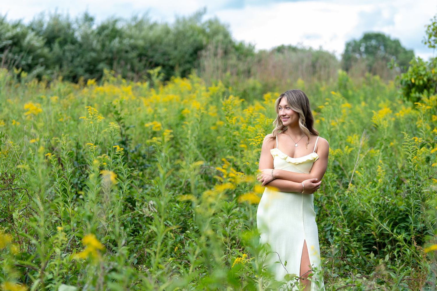 A figure stands in a vibrant yellow wildflower meadow on a bright summer day, surrounded by lush greenery.