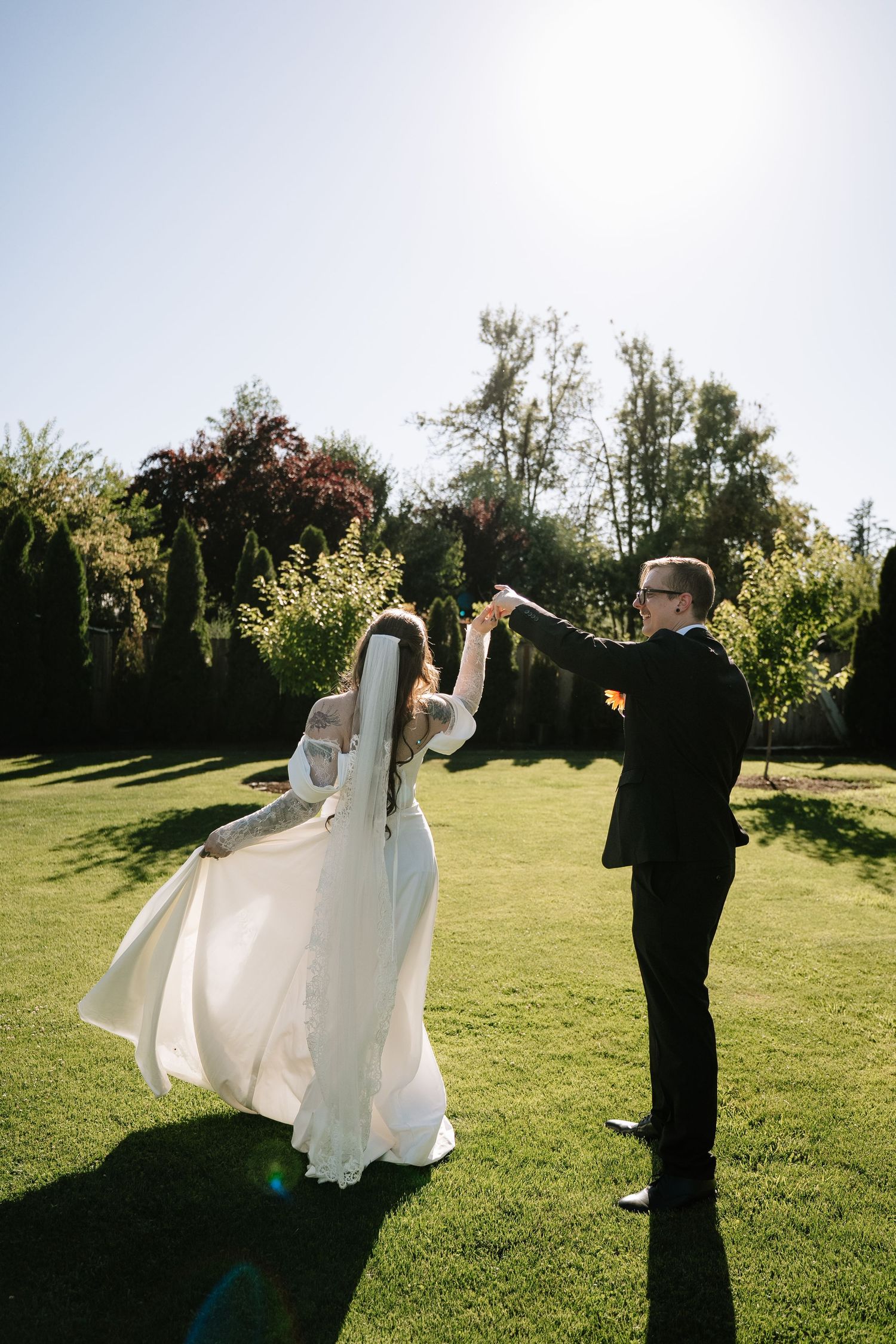 A playful wedding photo sequence showing a dress twirling in golden sunlight.