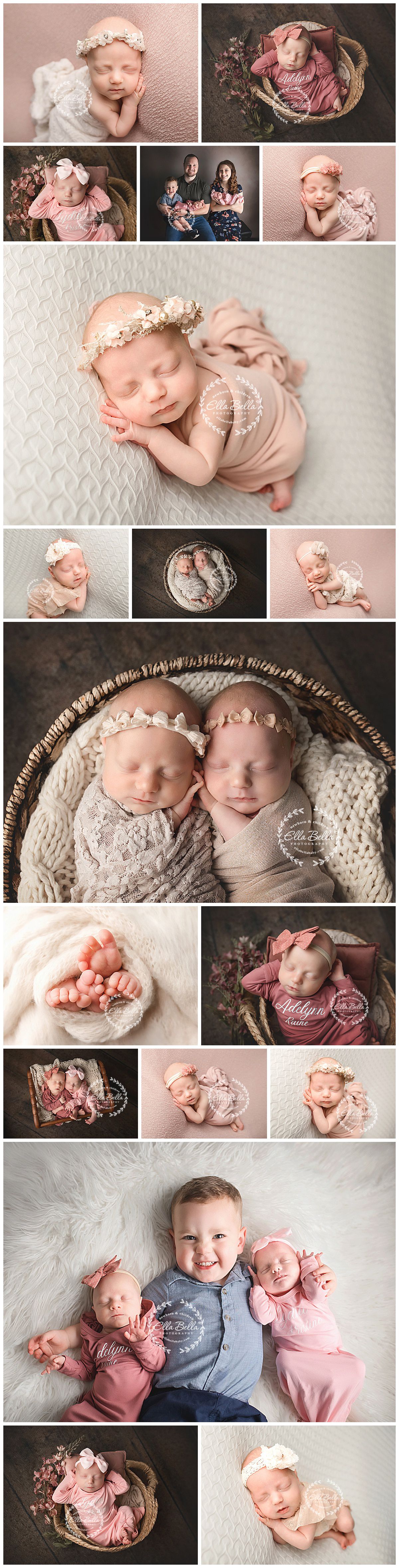 Collection of soft and dreamy newborn photography showing cozy poses in baskets and blankets in pink and neutral tones.