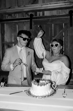 Vintage black and white photograph series showing wedding cake being cut and served at a reception in the 1950s.