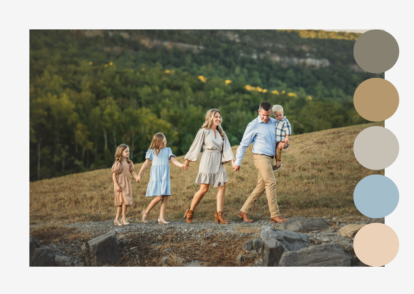 Family walking together on a trail at sunset with beautiful landscape views in background and their outfit color palette displayed on right.