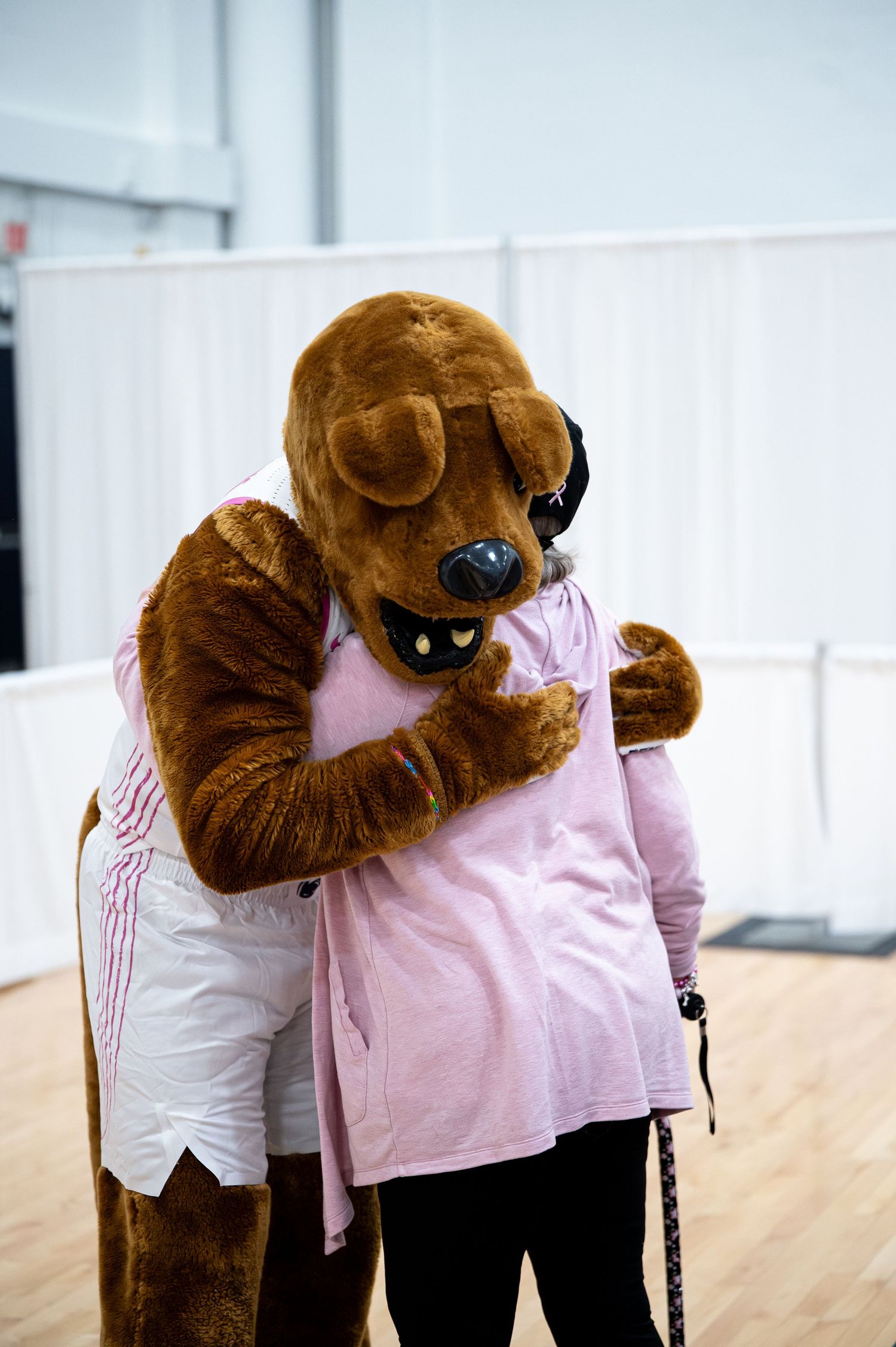 Person in brown bear mascot costume hugging someone at an indoor event.