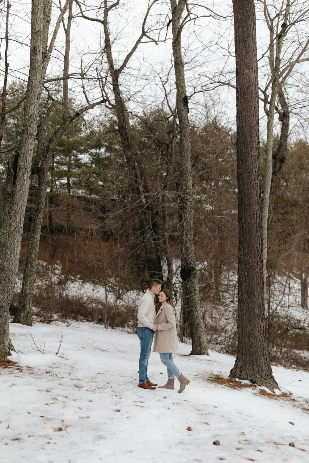 Couple embraces in a snowy forest setting with bare winter trees in the background.
