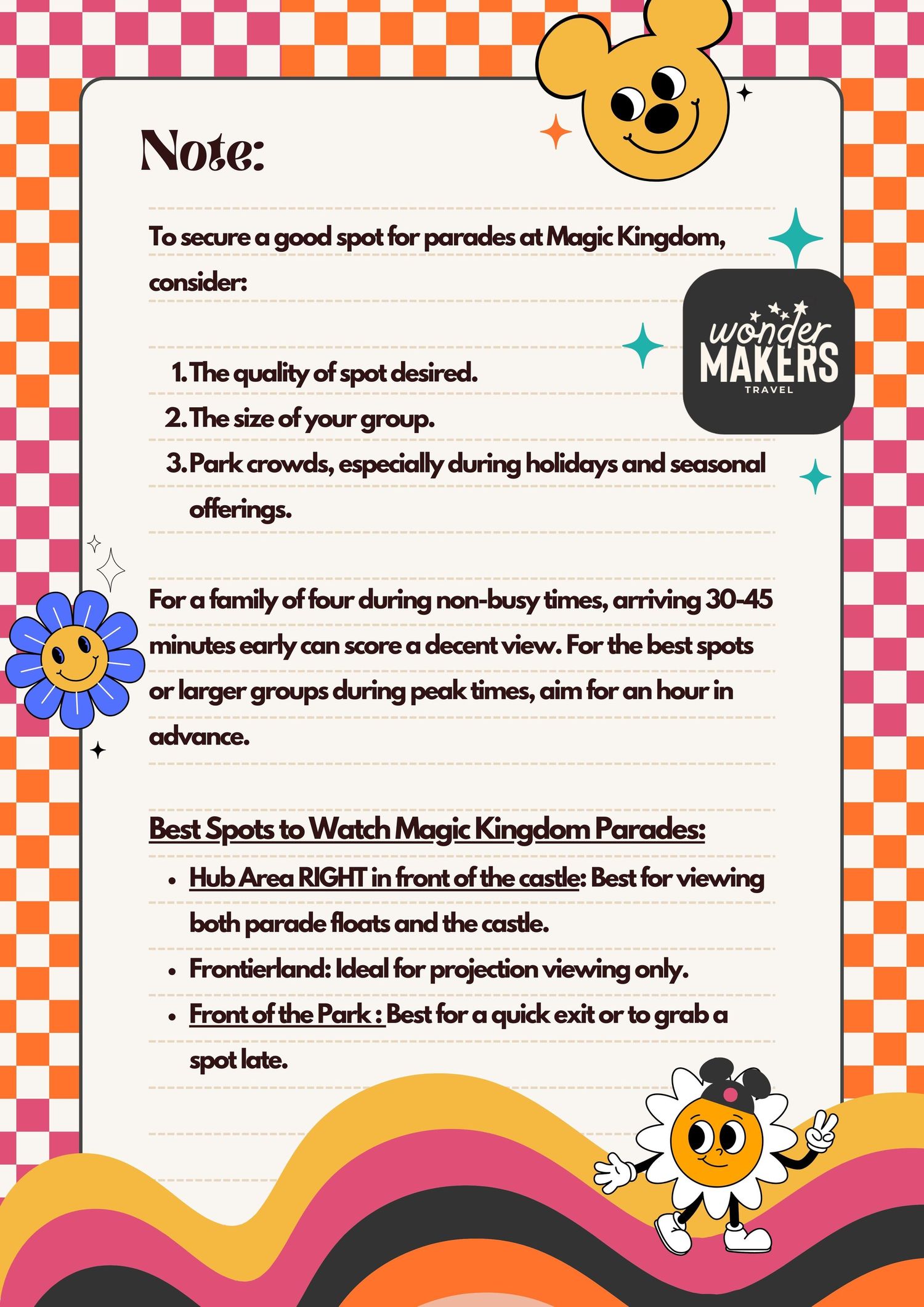 A Disney theme park planning note with Mickey Mouse graphics showing parade viewing tips and crowd management advice.