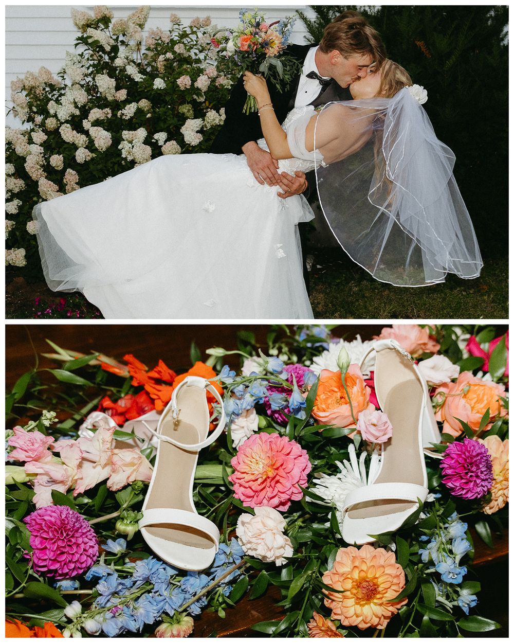 A romantic wedding scene with white dress details and colorful floral arrangements including pink, purple and orange blooms.