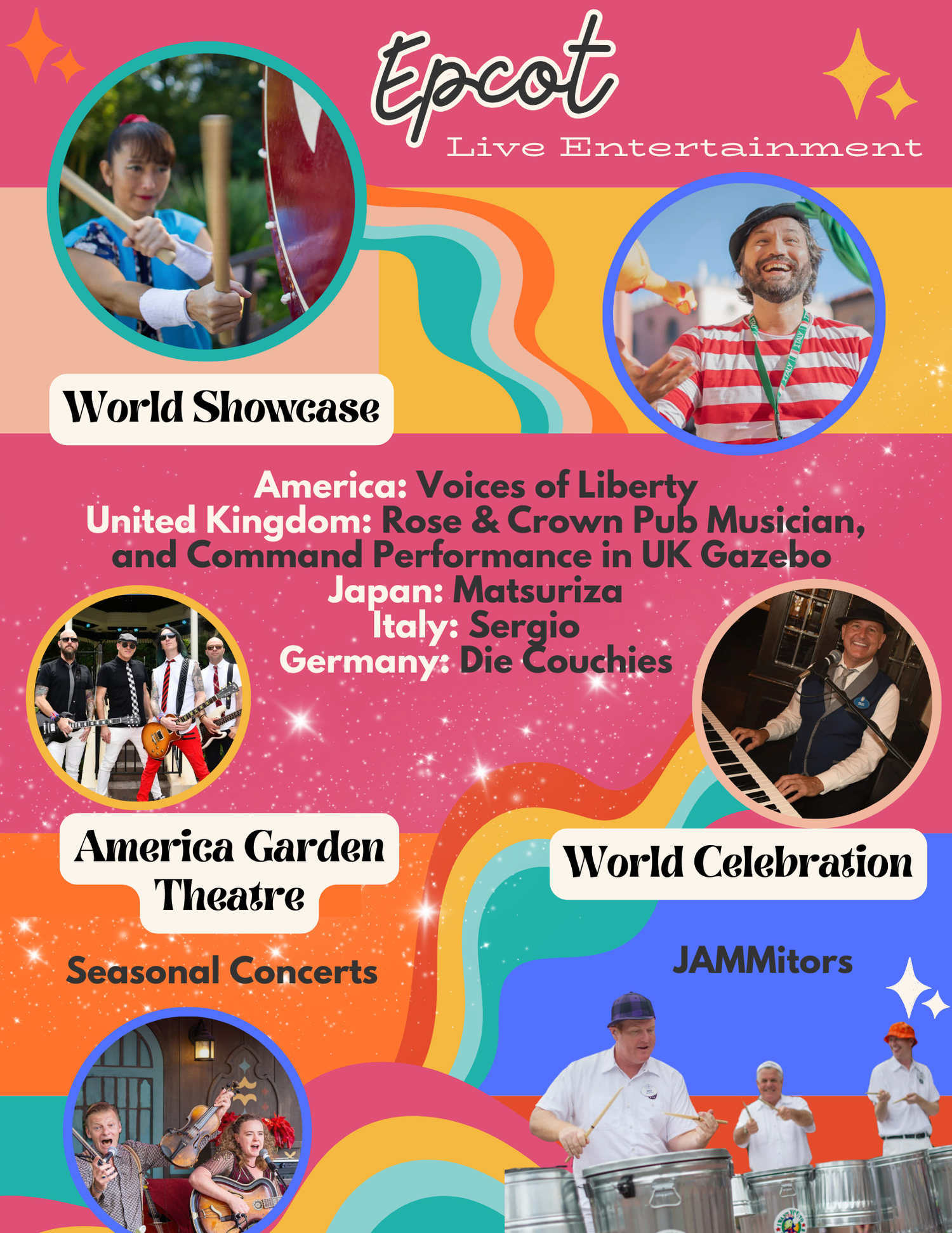 Colorful promotional poster for Epcot live entertainment shows featuring World Showcase performances and American Garden Theatre events.