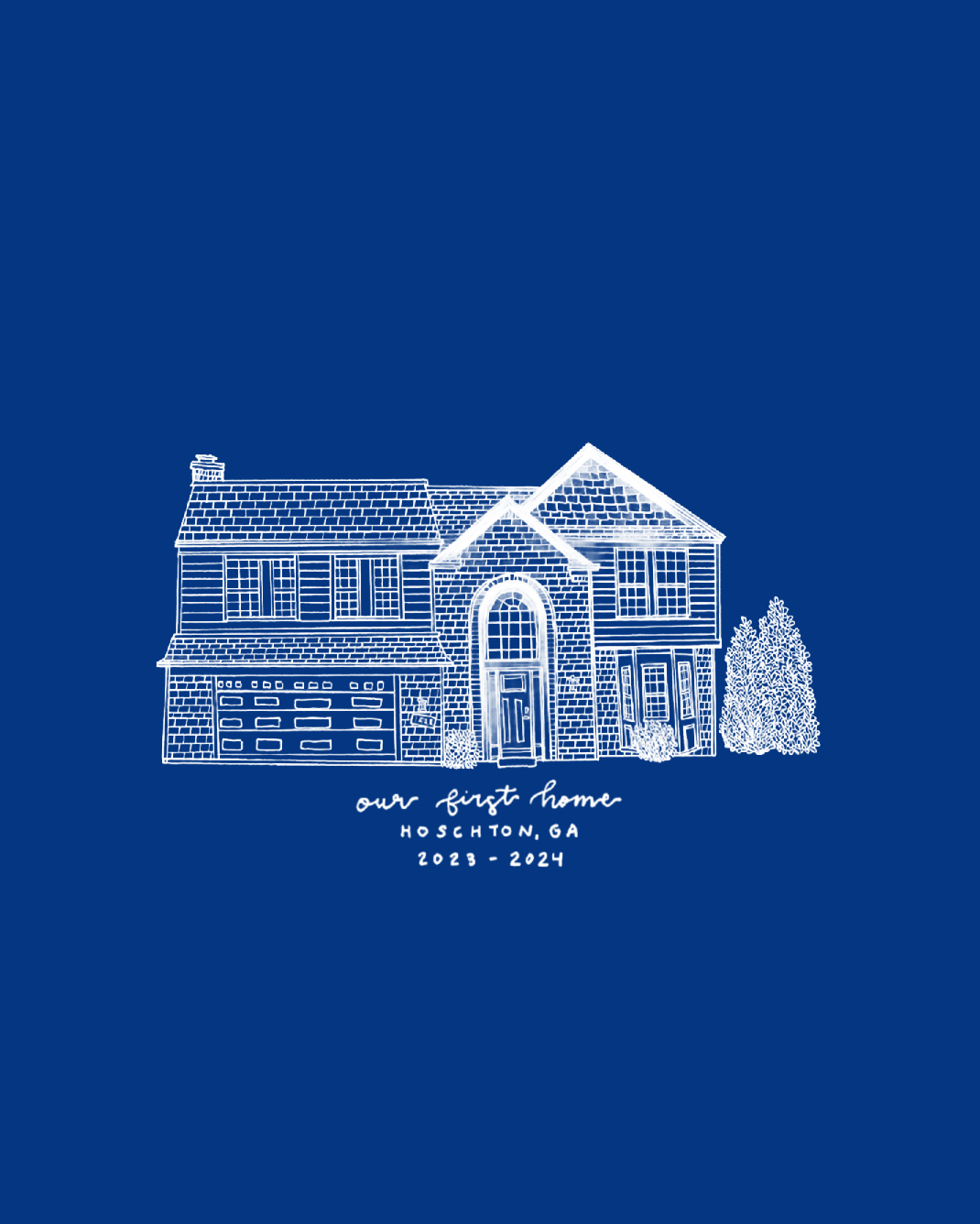 Blueprint-style white line drawing of a two-story colonial home on deep blue background.