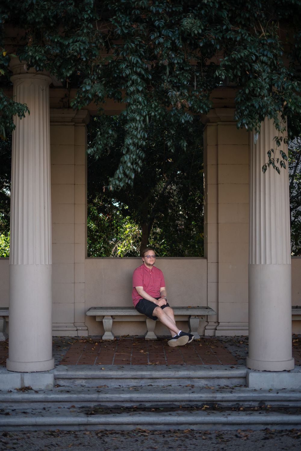 Person seated among classical colonnade with ivy-covered pillars.