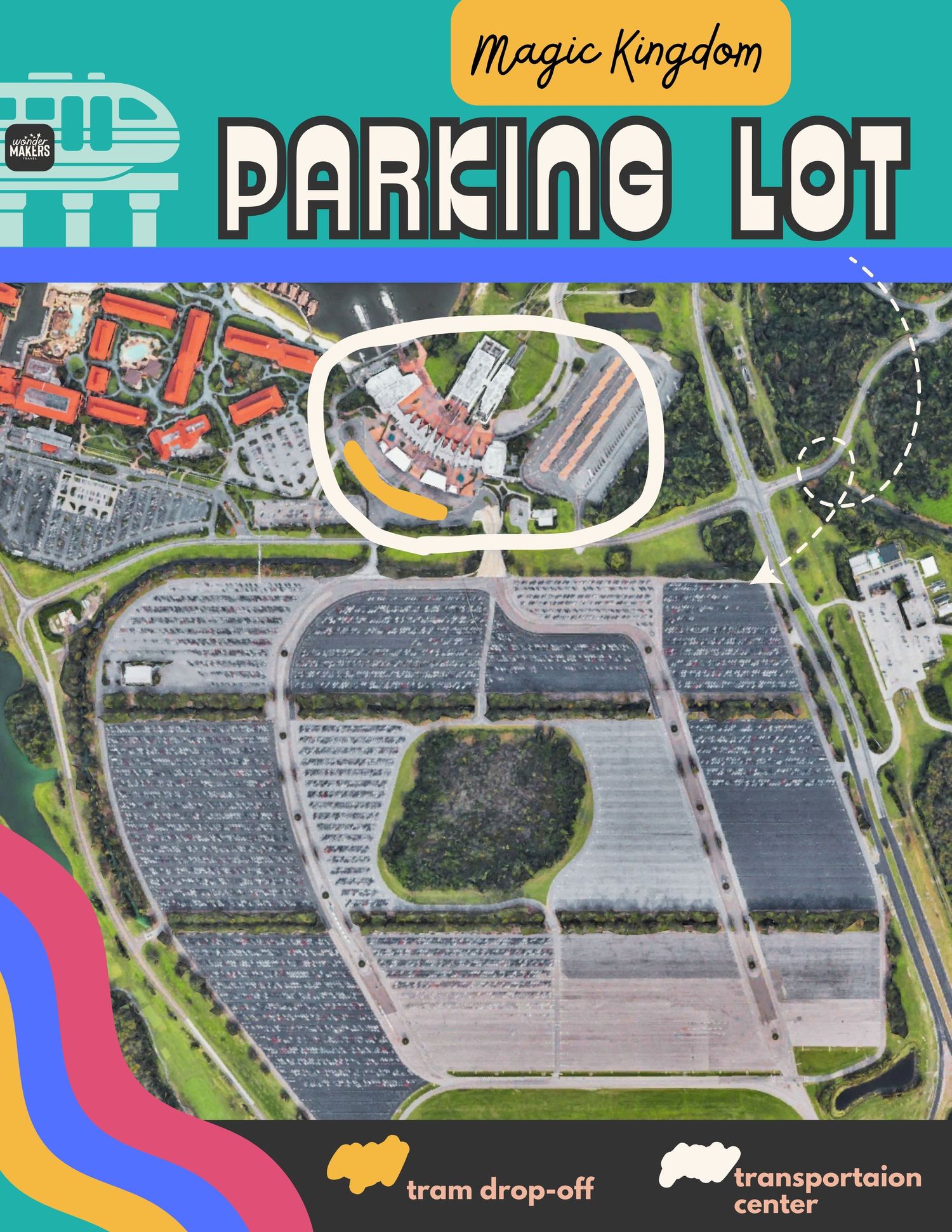 Aerial view of parking lots and transportation system at Disney World's Magic Kingdom theme park.