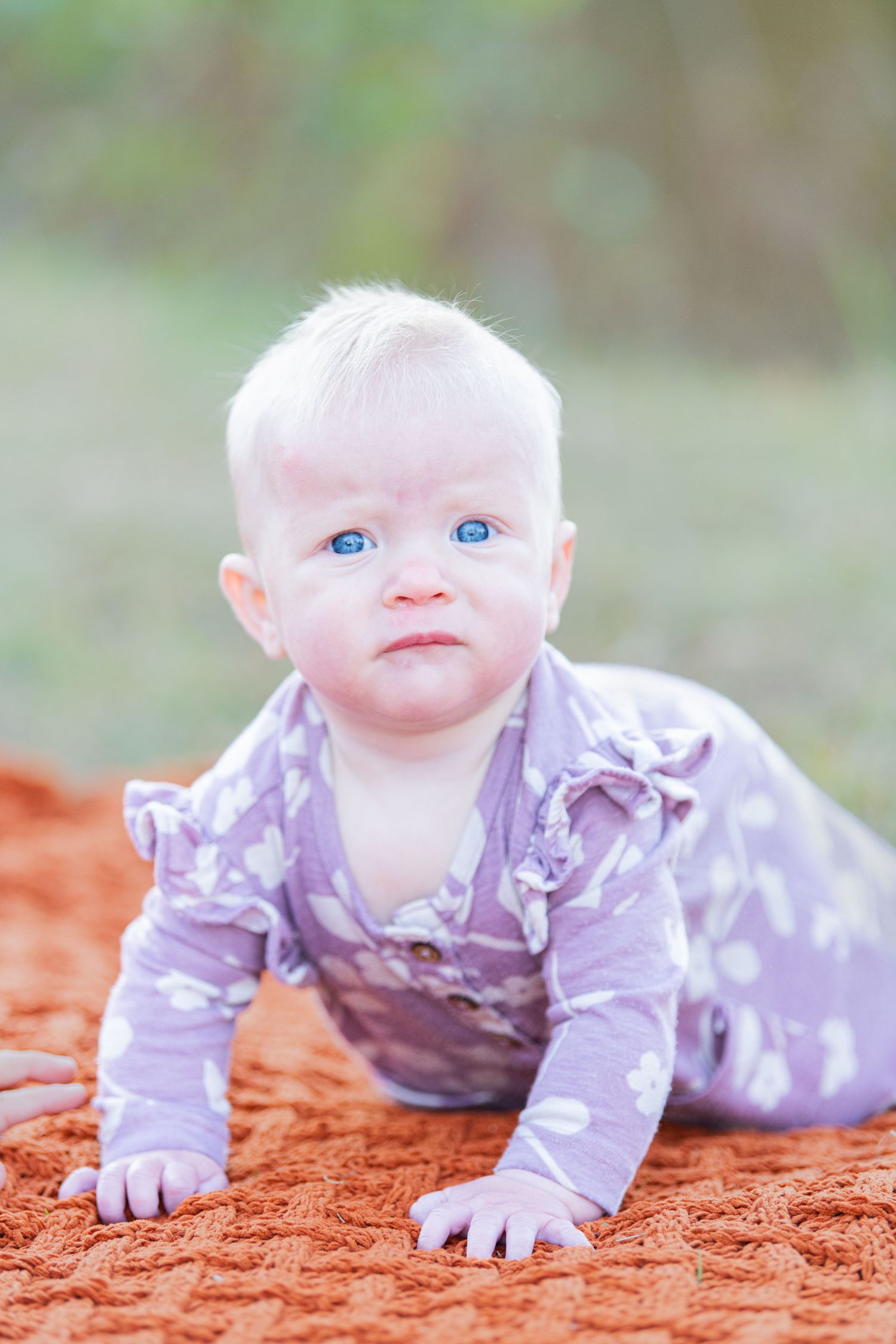 Adorable baby with striking blue eyes, crawling and gazing curiously at the camera, capturing a precious and engaging moment.