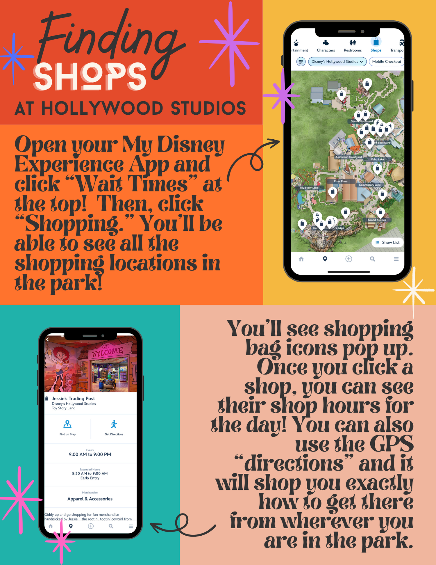 Instructional guide showing how to find shops at Hollywood Studios using the My Disney Experience mobile app.