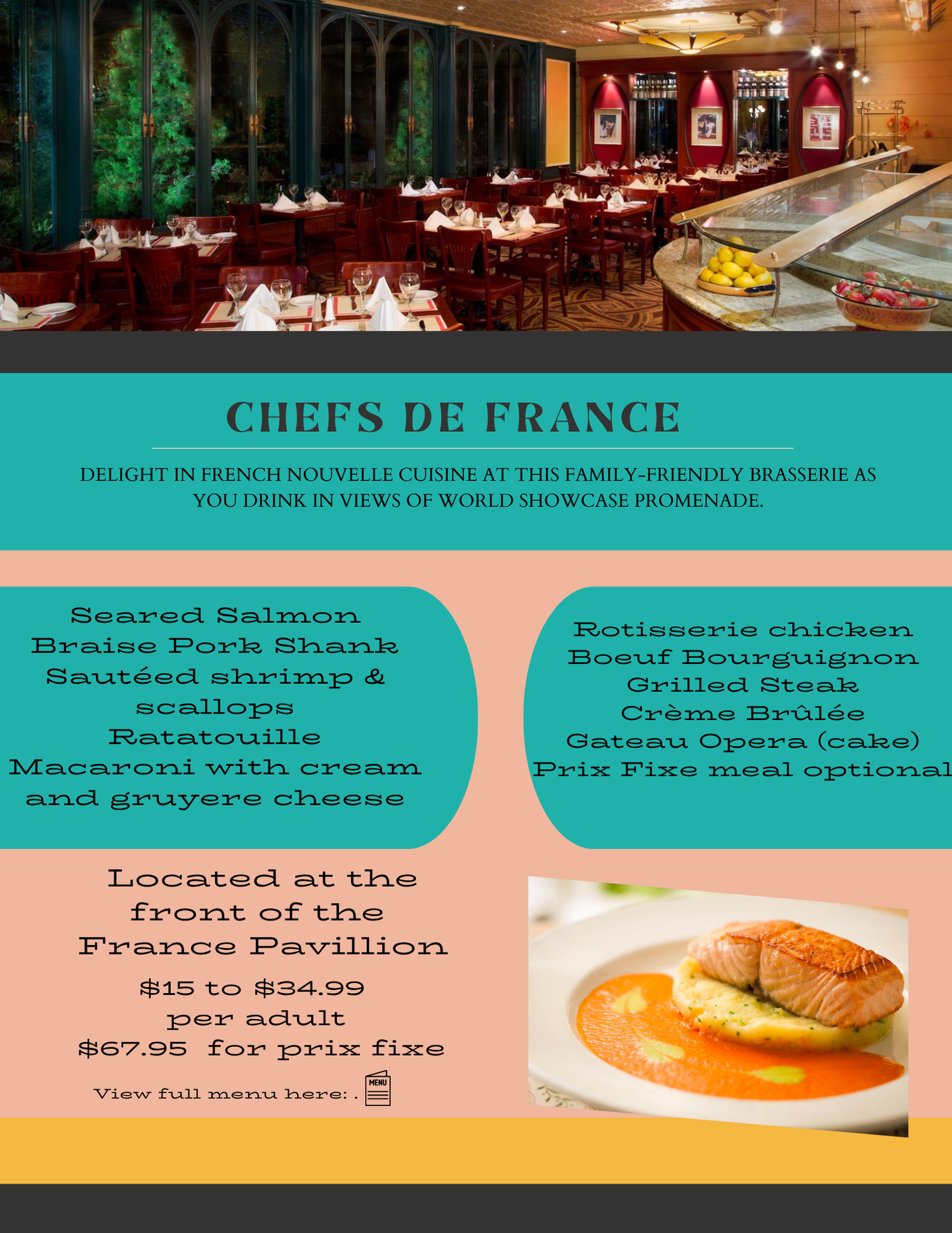 French restaurant interior showcasing elegant dining room with red decor and menu featuring pork shank and chicken dishes.