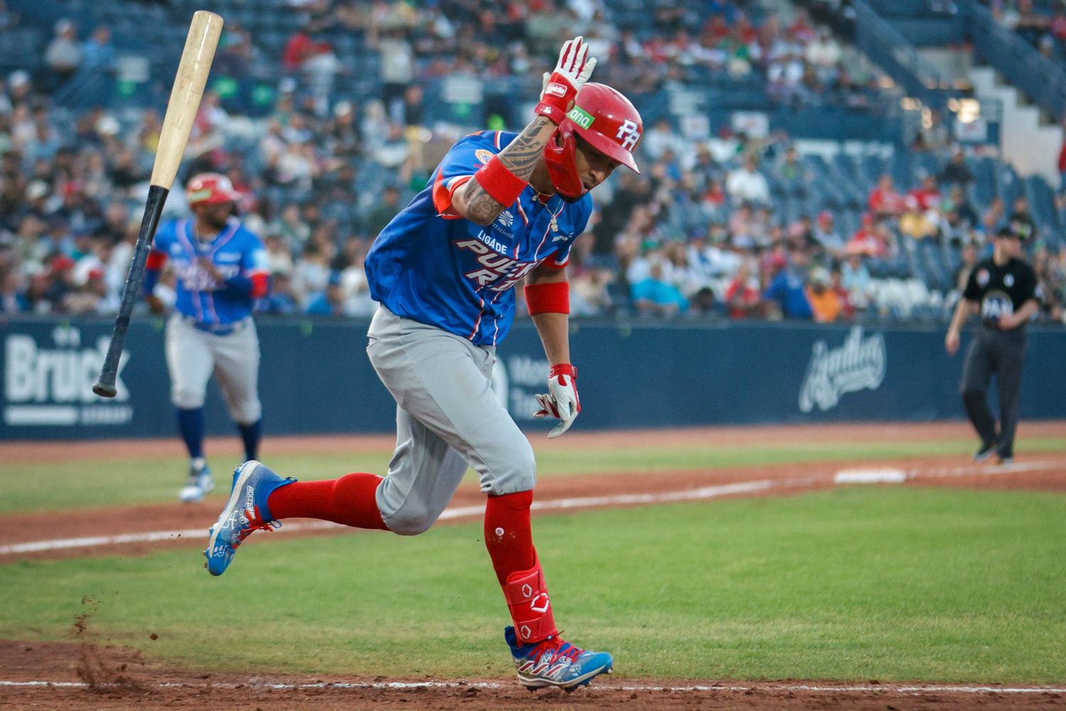 Eddie Rosario celebrates a hit during the 2025 Caribbean Series in Mexicali.