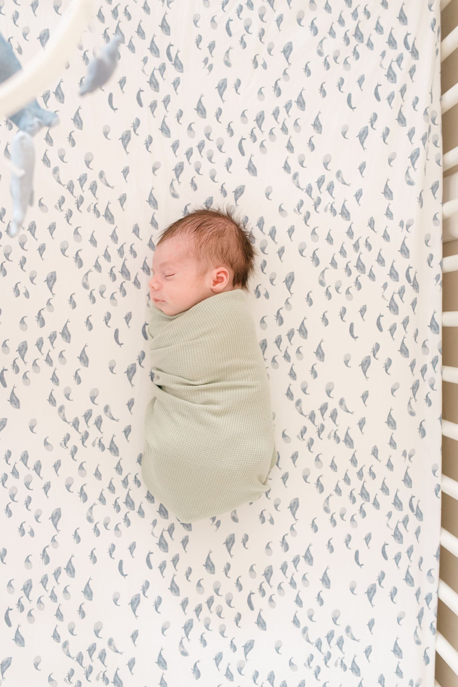 Fair Haven New Jersey baby is swaddled in a sage wrap and laying in his crib.