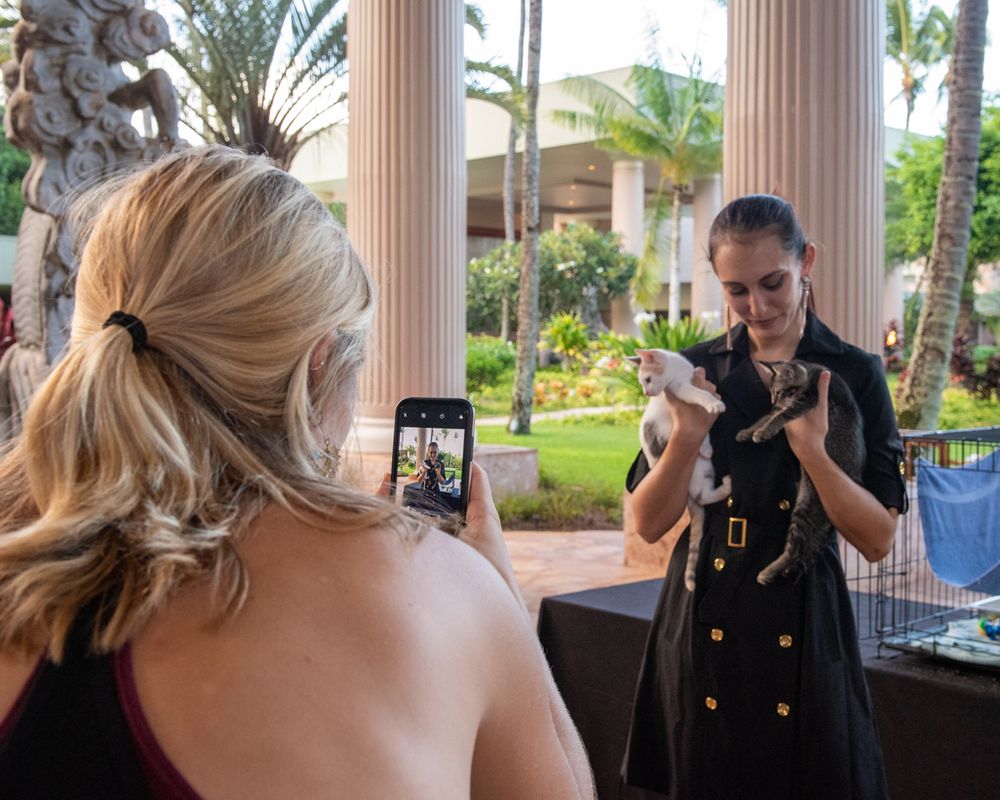 A person taking a photo on their phone of someone in a black outfit posing under a tropical covered patio.