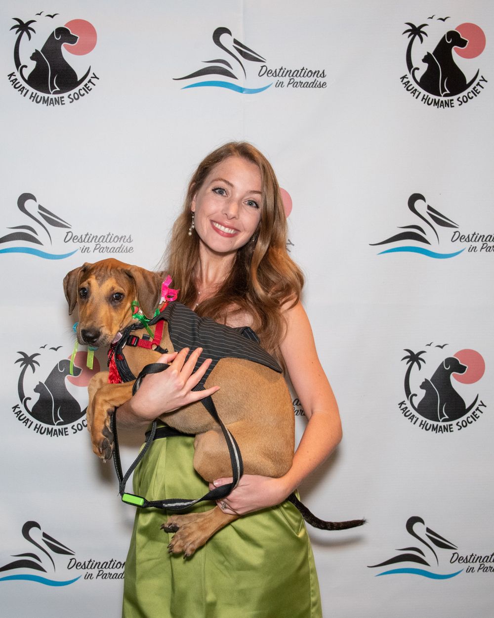 Woman in green dress holding brown rescue dog at charity event photo backdrop.