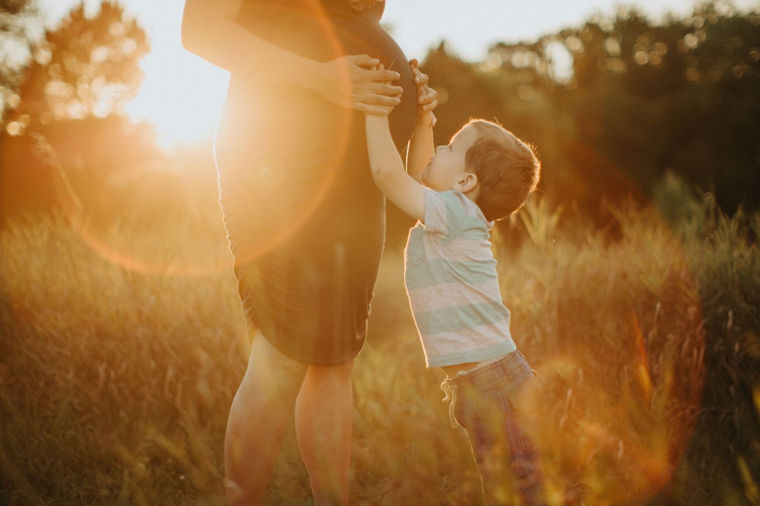 A group of people enjoy a playful moment in a sun-drenched field during golden hour.