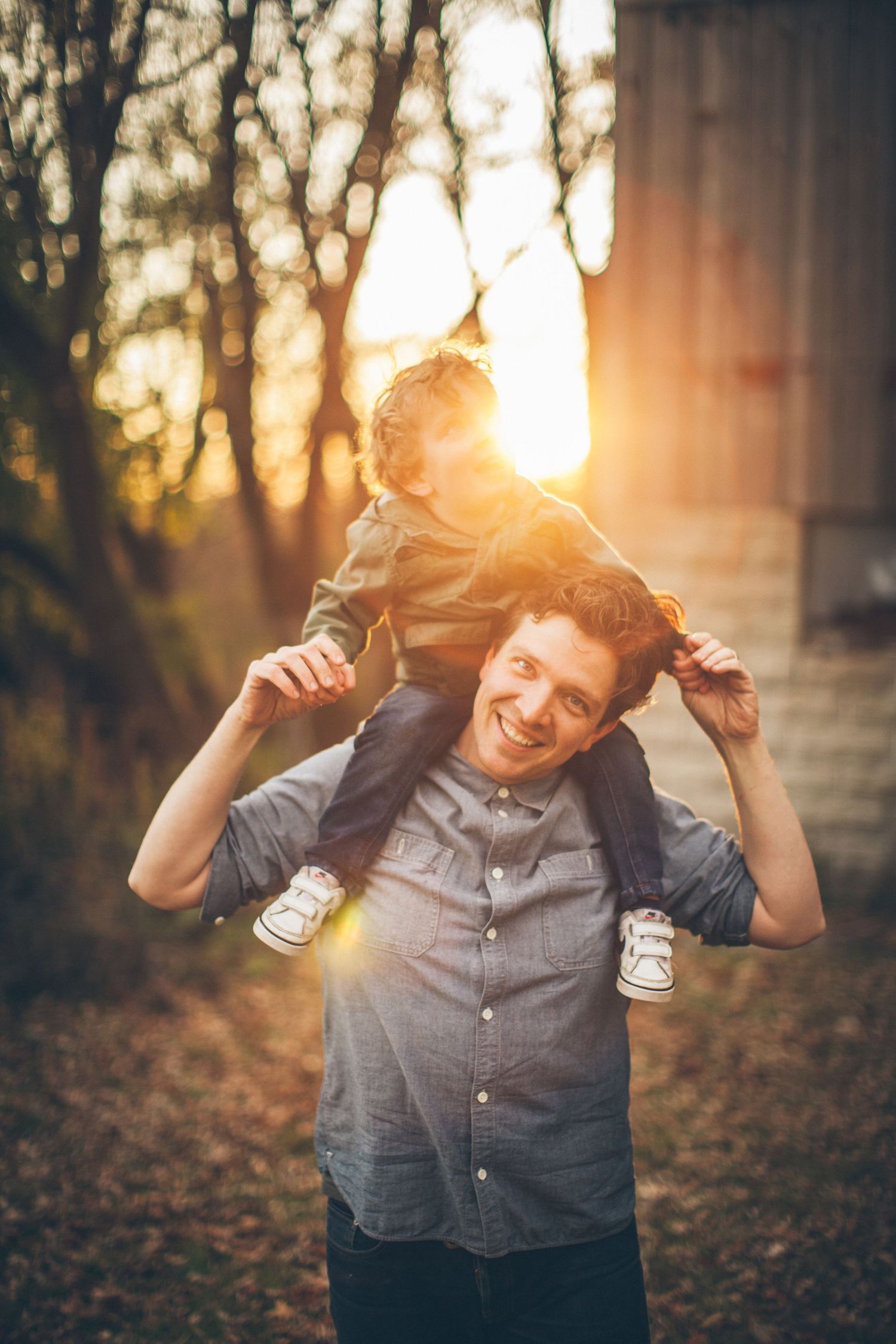 Sequence of outdoor portrait shots at sunset showing joyful expressions and movement in warm golden lighting.