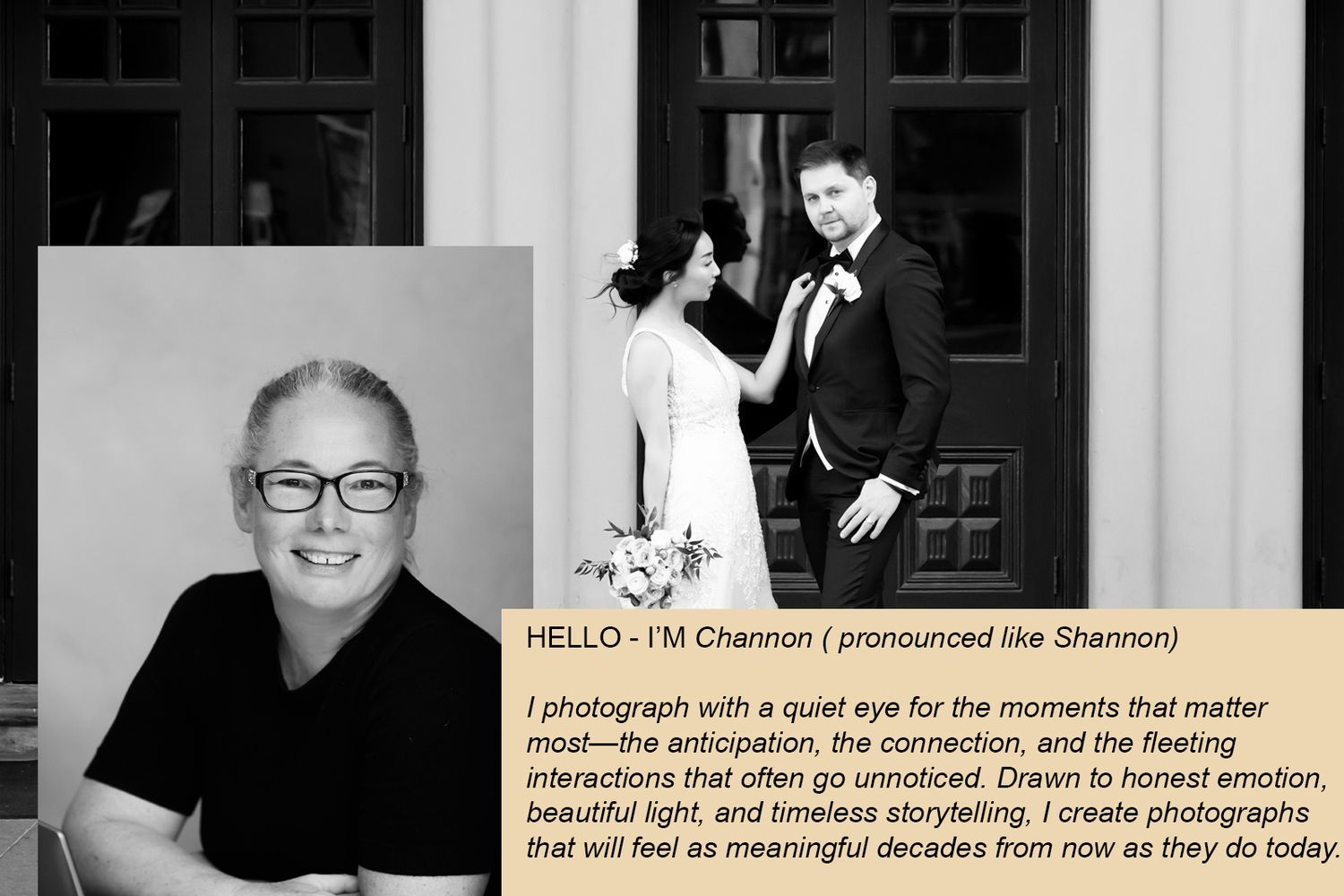 Wedding photographer Channon smiles beside a couple in formal attire, showcasing her portrait and wedding photography style.