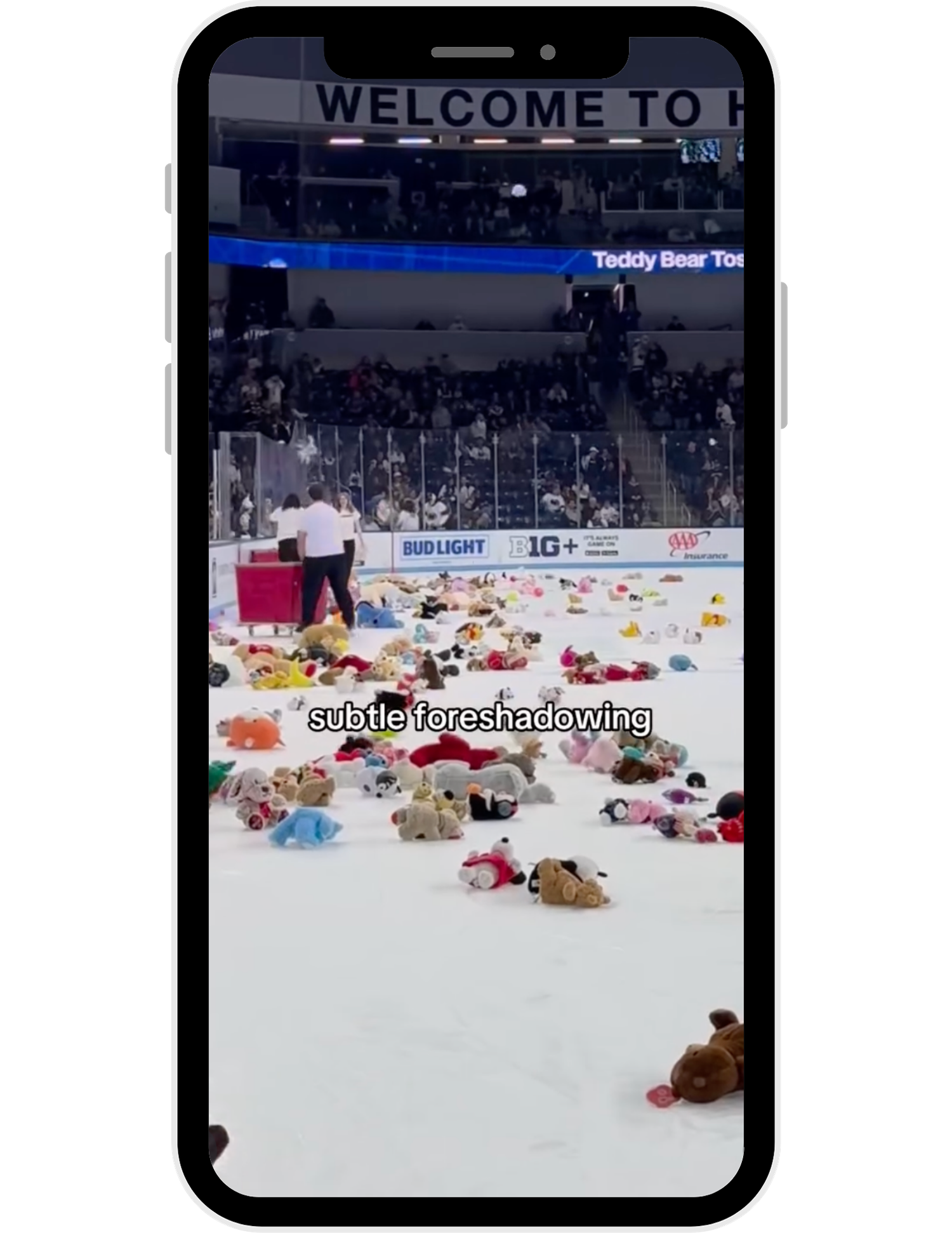 Teddy bears scattered on hockey rink ice during a Teddy Bear Toss event at an indoor arena.