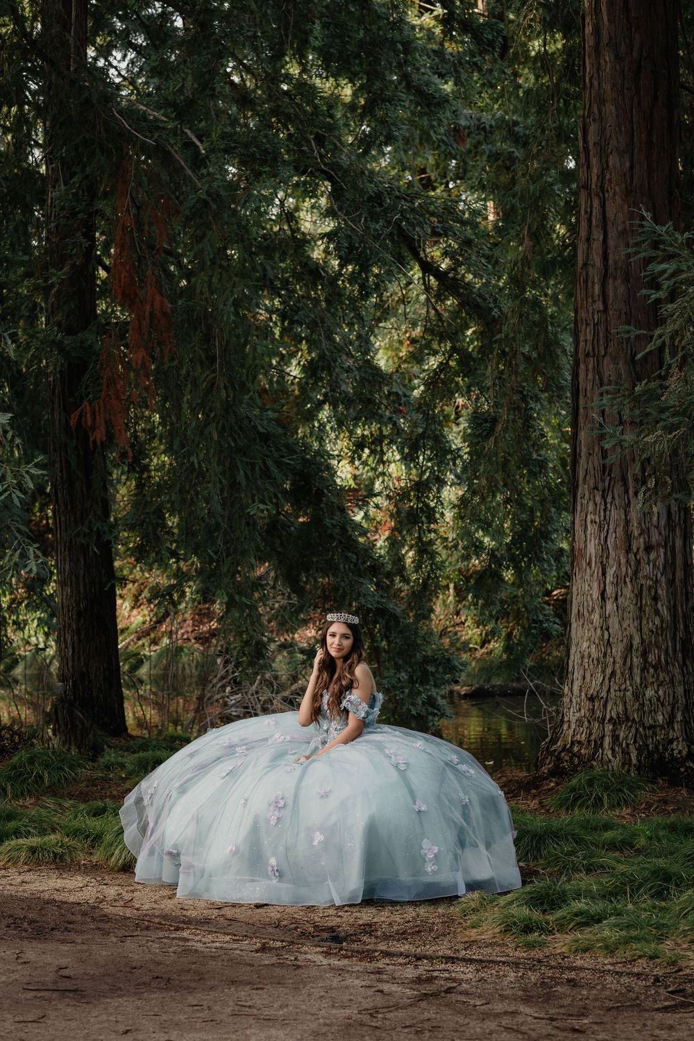Young woman in a light blue ball gown sits gracefully among tall forest trees in a fairy-tale inspired portrait.